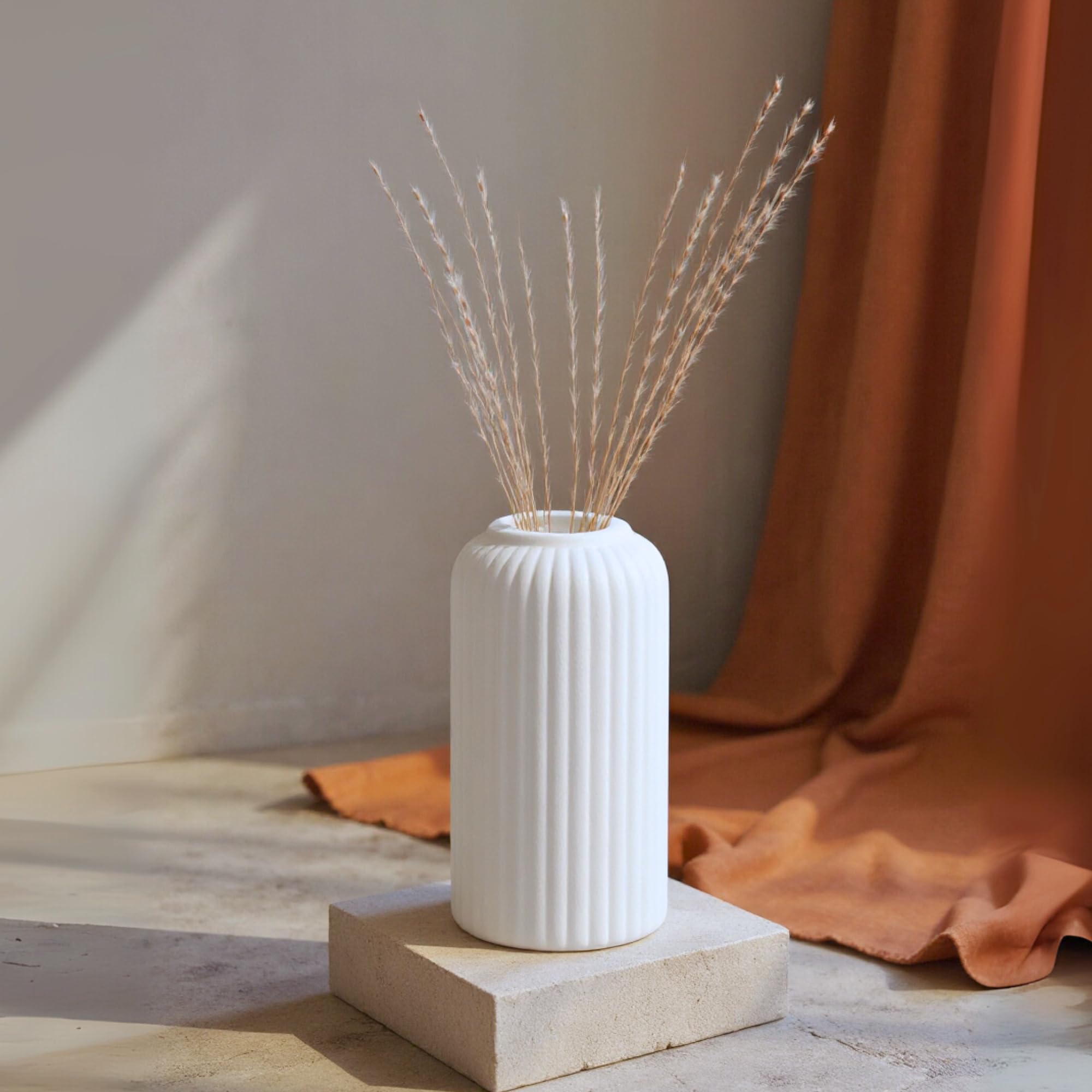 KREATIVE ART’S® White Ceramic Vase for Home Decor – Flower Vase for Living Room | Home Decoration Items for Living Room & Bedroom | Decorative Office Table Decor– 6” Ribbed Design