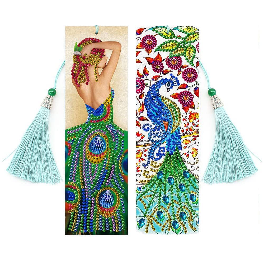 2pcs 5D Diamond Drawing Bookmarks, Peacock, Beauty Drawing Pattern Creative Bookmarks, Tassel Leather Bookmarks, Handicrafts
