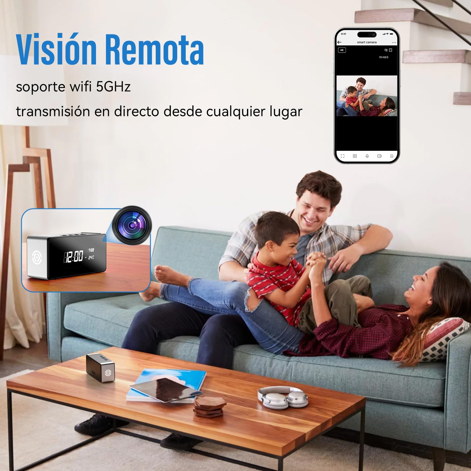 Mini Camara Espia Oculta, Camara Vigilancia WiFi Interior 4K Ultra HD, Lente Gran Angular de 150°, Transmisión en Tiempo Real, con Detección de Movimiento, App Móvil