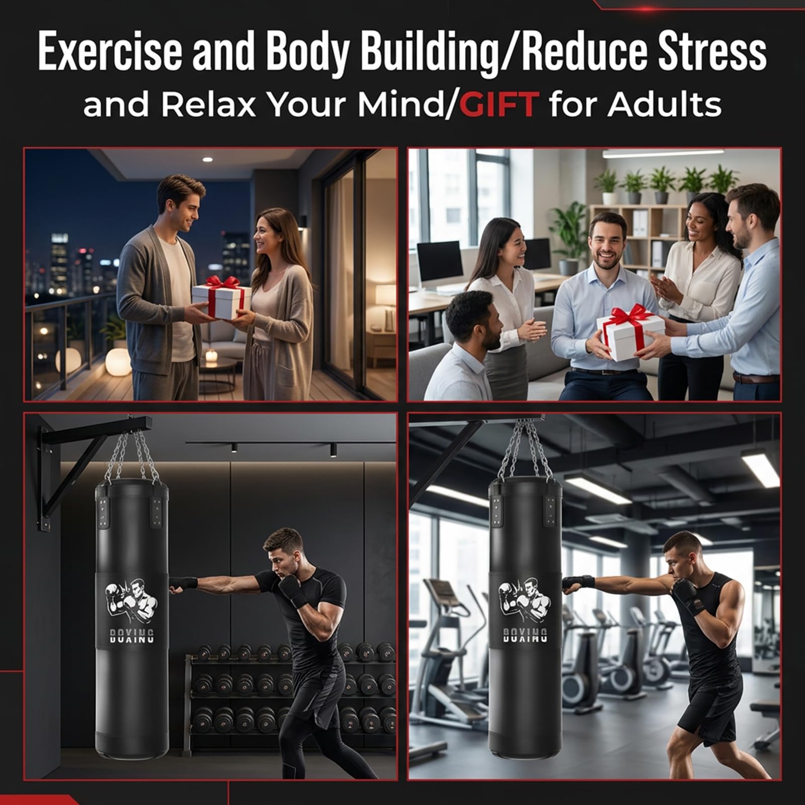 Ninonly - Sacco da boxe per adulti, 100 cm, pesante, con sacco da boxe vuoto, da appendere, palla di reattività, bende per MMA, karate, kickboxing, boxe, casa, palestra, allenamento (non riempito)