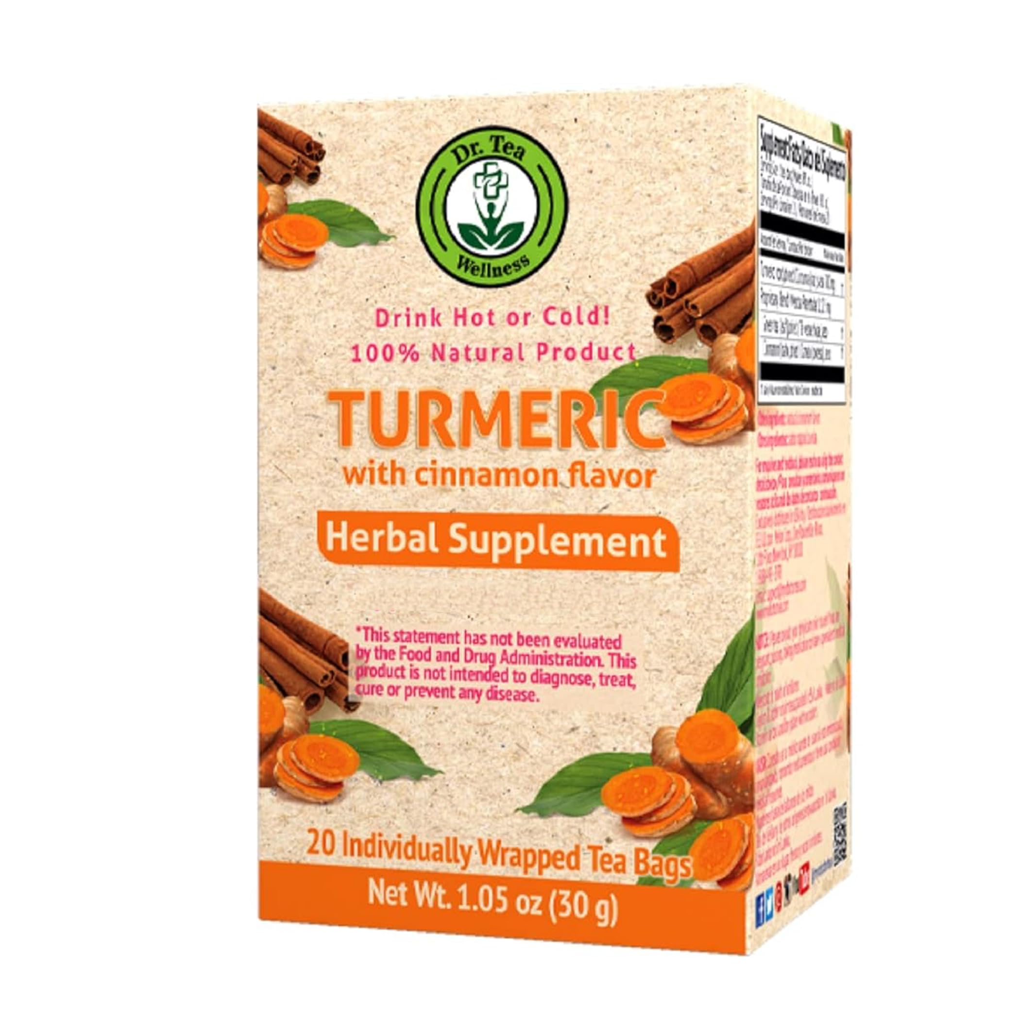 Dr. Tea Wellness Turmeric Herbal Tea with Cinnamon Flavor - 20 Tea Bags
