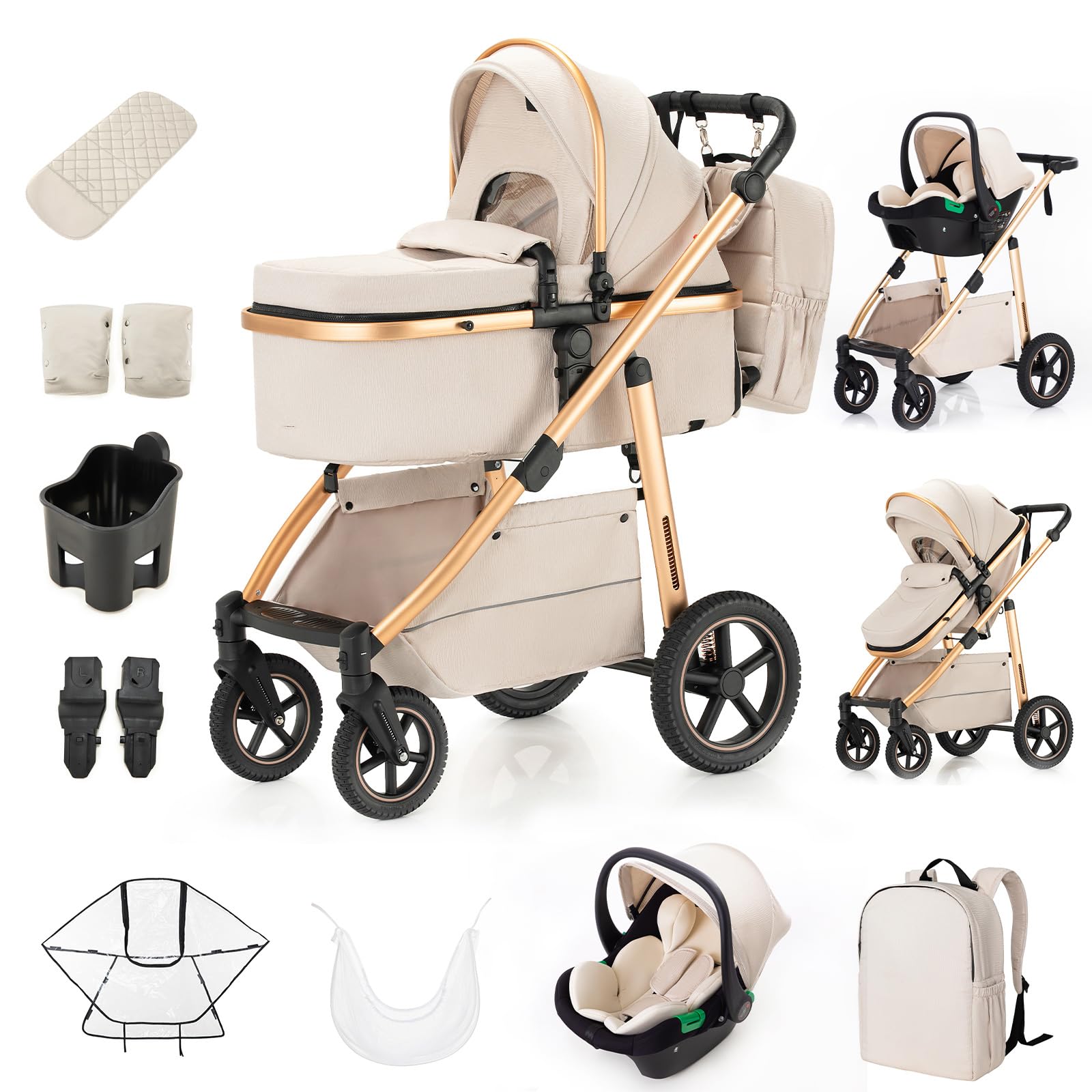 Zkipm Kinderwagen 3 in 1 Baby Stroller Klappbar Kombi Kinderwagen Travel System Höhenverstellbar Schubstange für 0-4