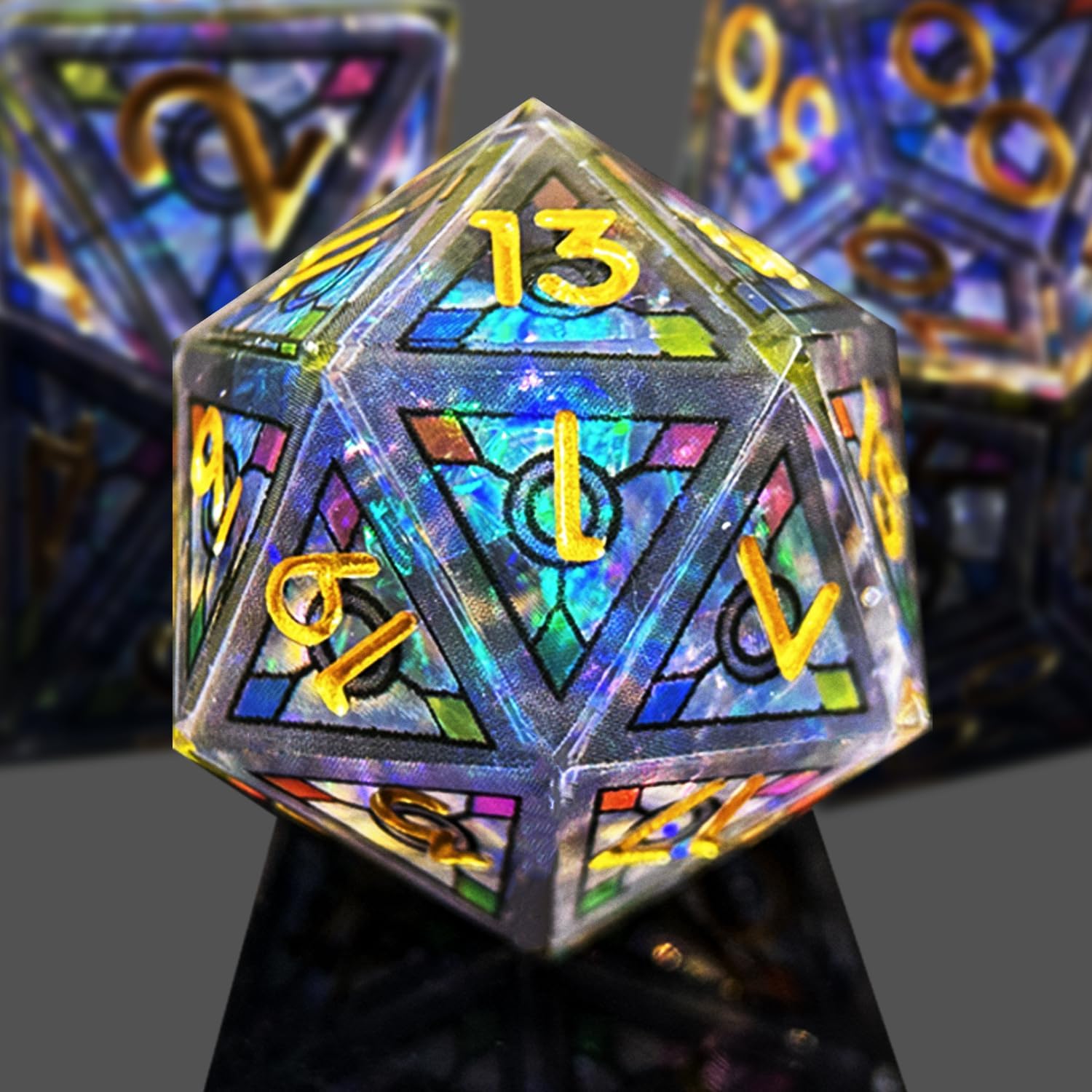 Double Layered Resin Dice Set 7pcs/ Stained Glass Effect & Gold Numbers/Sharp Edged Polyhedral Dice/Apply to D&D/DND/Role Playing Game/RPG/Party Gift (Black Sky)