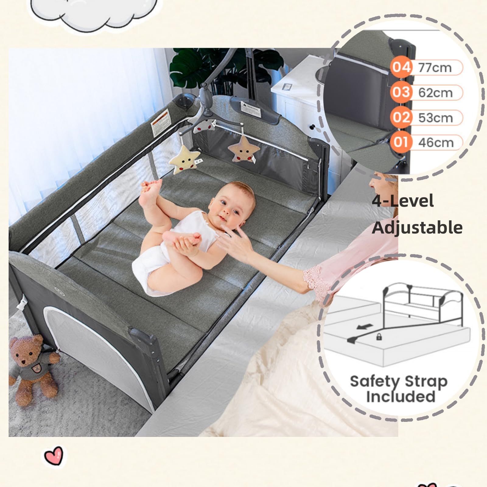 LIFEZEAL Lit Parapluie Pliant 2 Niveaux avec Matelas, 4 Hauteurs Réglables, Lit Voyage 110x76x76cm, Sac de Transport, Lit d'Appoint Bébé Table à Langer et Jouets, Charge de 15 kg, 0-9 Mois (Bleu)