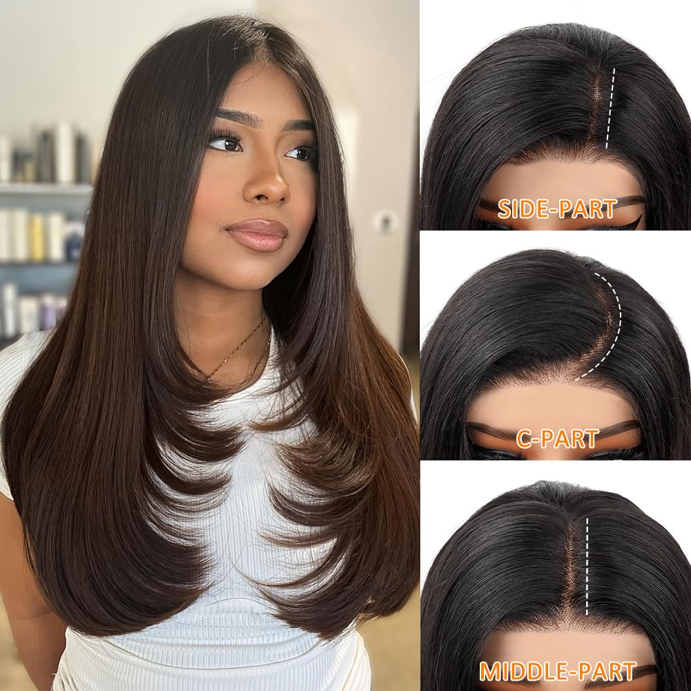 220% Glueless Ombre Brown Wigs Human Hair Layered With Bangs Pre Plucked Pre Bleached Straight Real Hair Wigs for Daily Use or Party Wig 13x3 Ombre UHD Lace Wig Human Hair for Women 22 Inch