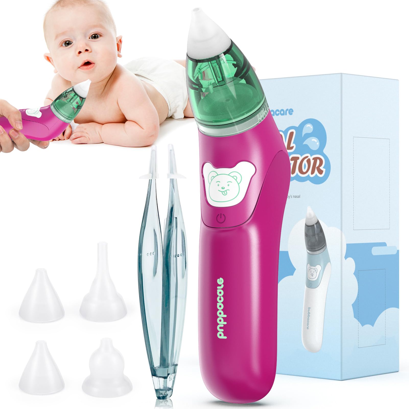 Baby Nasensauger, Nasensauger Baby Elektrisch mit LED-Lampe, 4 wiederverwendbare Silikon-Rotzsaugerdüsen & 3 Saugstufen für Neugeborene, Kleinkinder und Kleinkinder