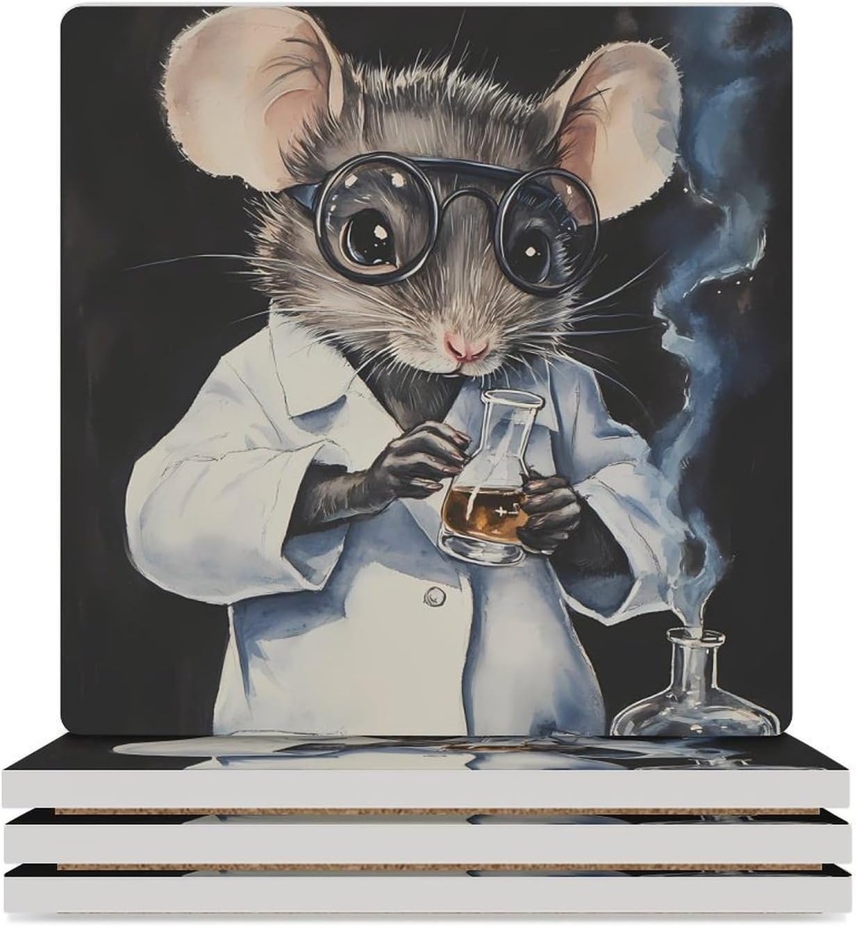 Lab Rat Funny Ceramic Coasters for Drinks Absorbent Cup Holder Tabletop Protector with Cork Base
