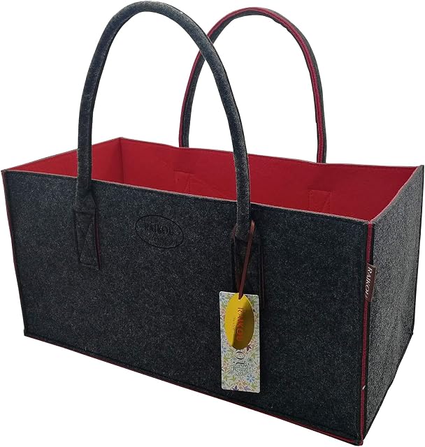 RAIKOU nowa torba filcowa Shopper drewniany kosz torba na zakupy torba z uchwytem kosz na gazety wytrzymała torba na drewno opałowe stojak na gazety również na zabawki ogród piknik plaża(Antracyt/czerwony,50*34*27cm)