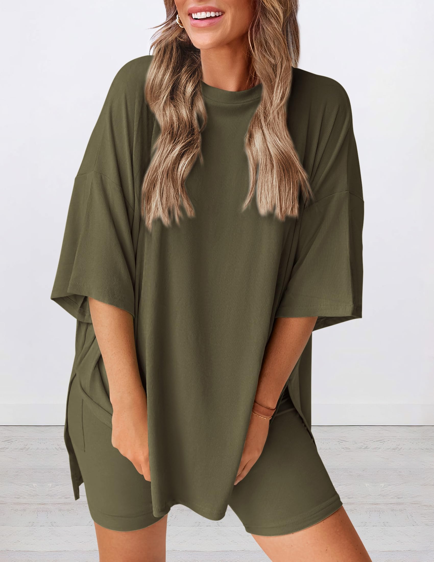 Zweiteiler Damen Sommer Oversize Shirt Radlerhose Set Casual Flughafen Reiseoutfit