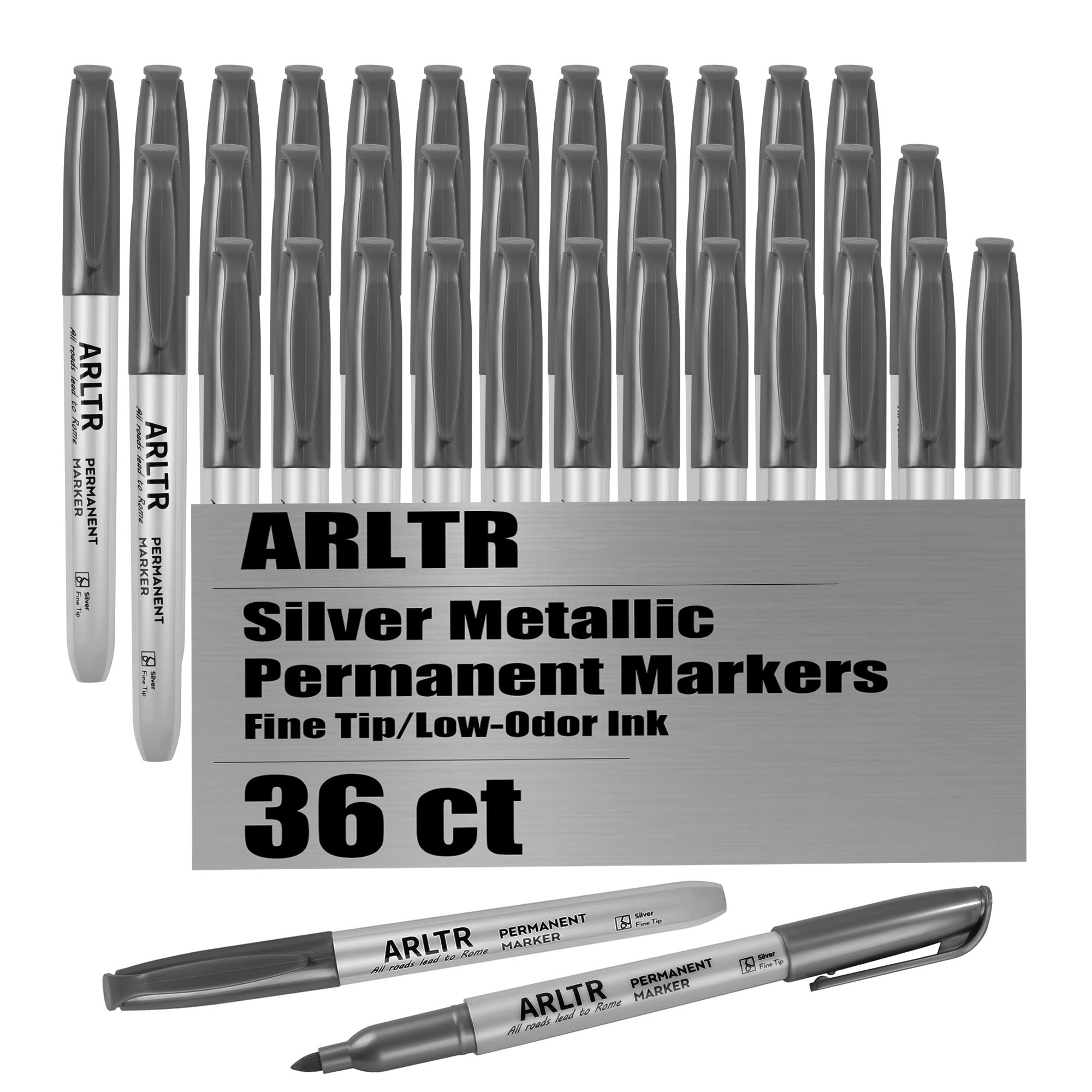 ARLTR Paquete de 36 marcadores permanentes metálicos plateados, bolígrafos metálicos plateados para ilustración de artistas, marcado industrial, manualidades, fabricación de tarjetas de regalo
