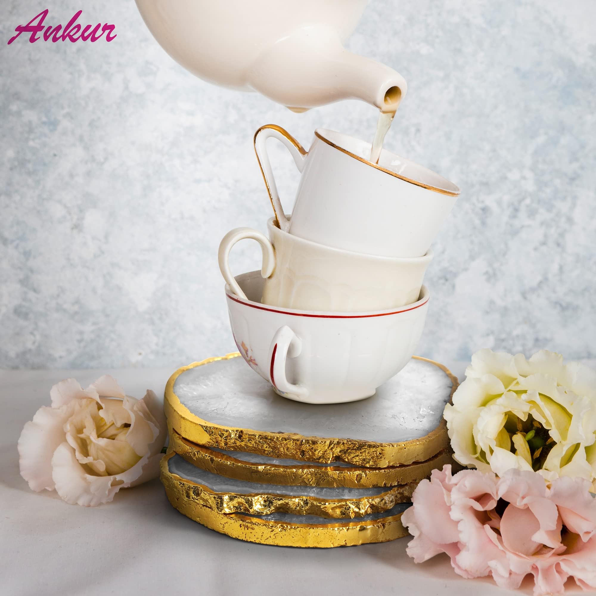 Posavasos de ágata Natural – Cristal de Piedra Preciosa Blanca brasileña con Borde Dorado | Adecuado para Mesa de café y Madera, Fiestas en casa, Regalos de Boda | Se Adapta a Cualquier Taza, Vaso,