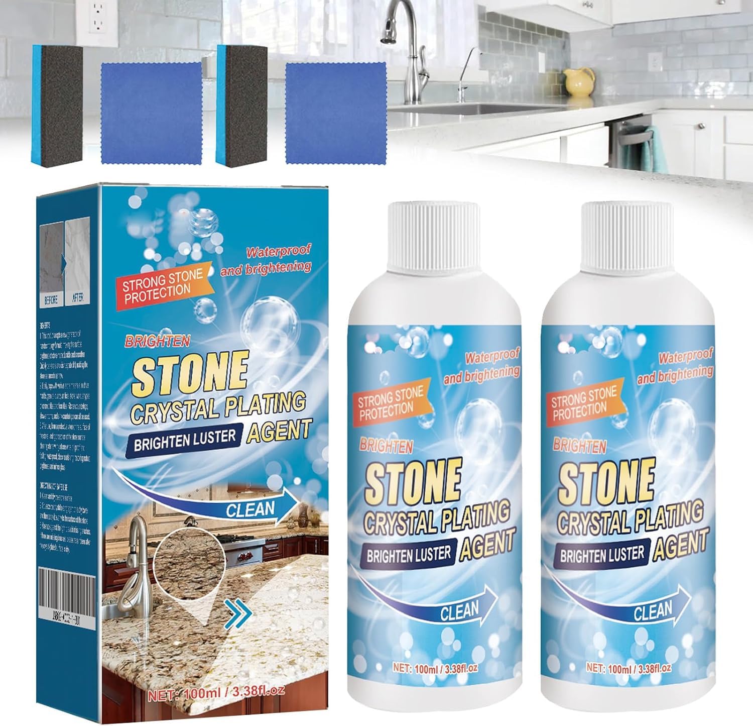 Stone Brighten Crystal-Plating Agent, Stone Stain Remover Cleaner, Effectively Brightens Ceramic and Stone Coatings, for Marble, Granite, Quartz, and More (2)