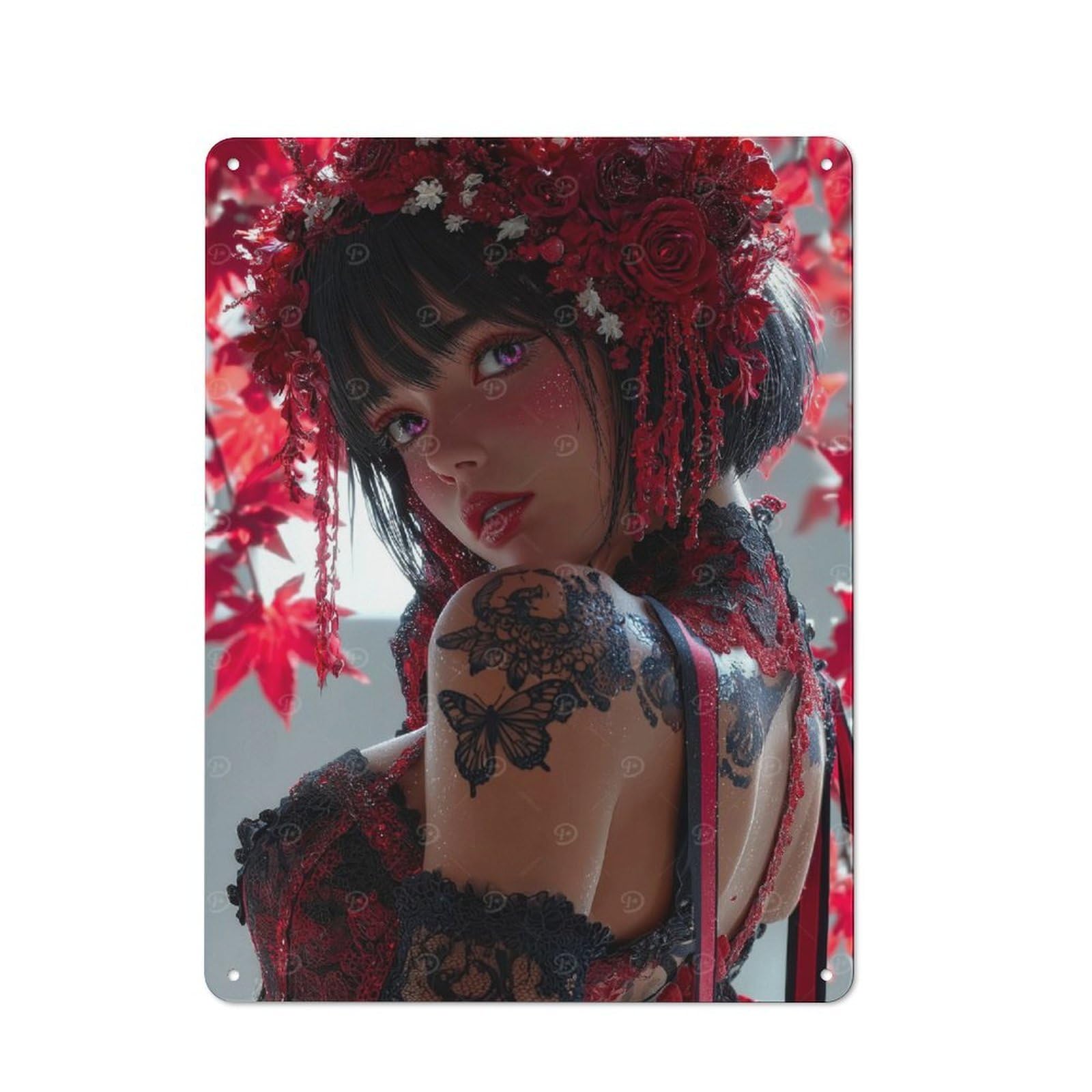 Everyday Red Floral Crown Woman Portrait Metal Gift Sign 40x30cm, Room Wall Plaque for Home, Shop, Pub Or Studio Wall