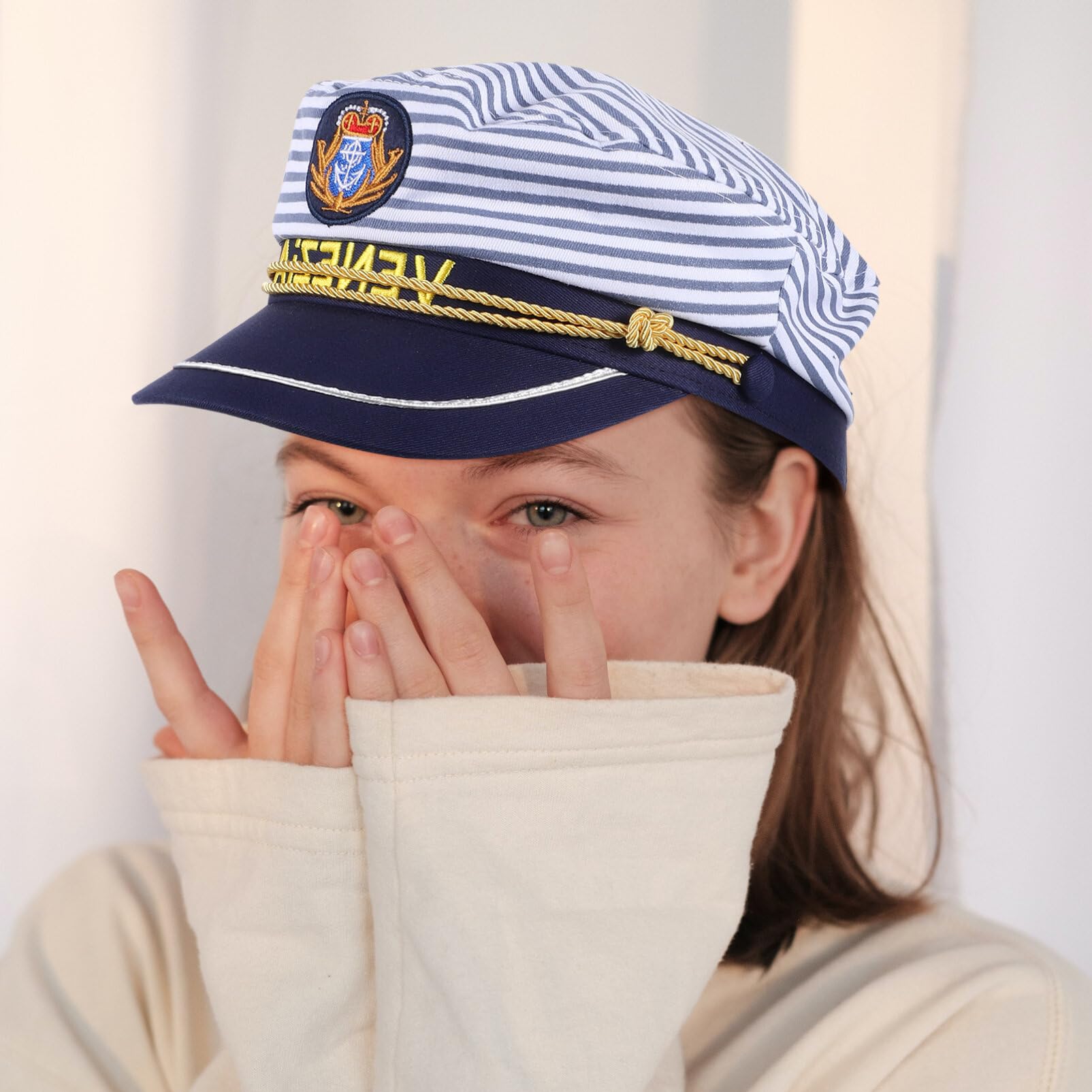 Cappello da Capitano a Righe Blu per Ragazzo Ragazza 2 Pezzi Regolabile | Taglie Adulto 58cm e Ragazzo Ragazza 54cm, per Scena e Festa, Stile Berretto Dettagli a Strisce
