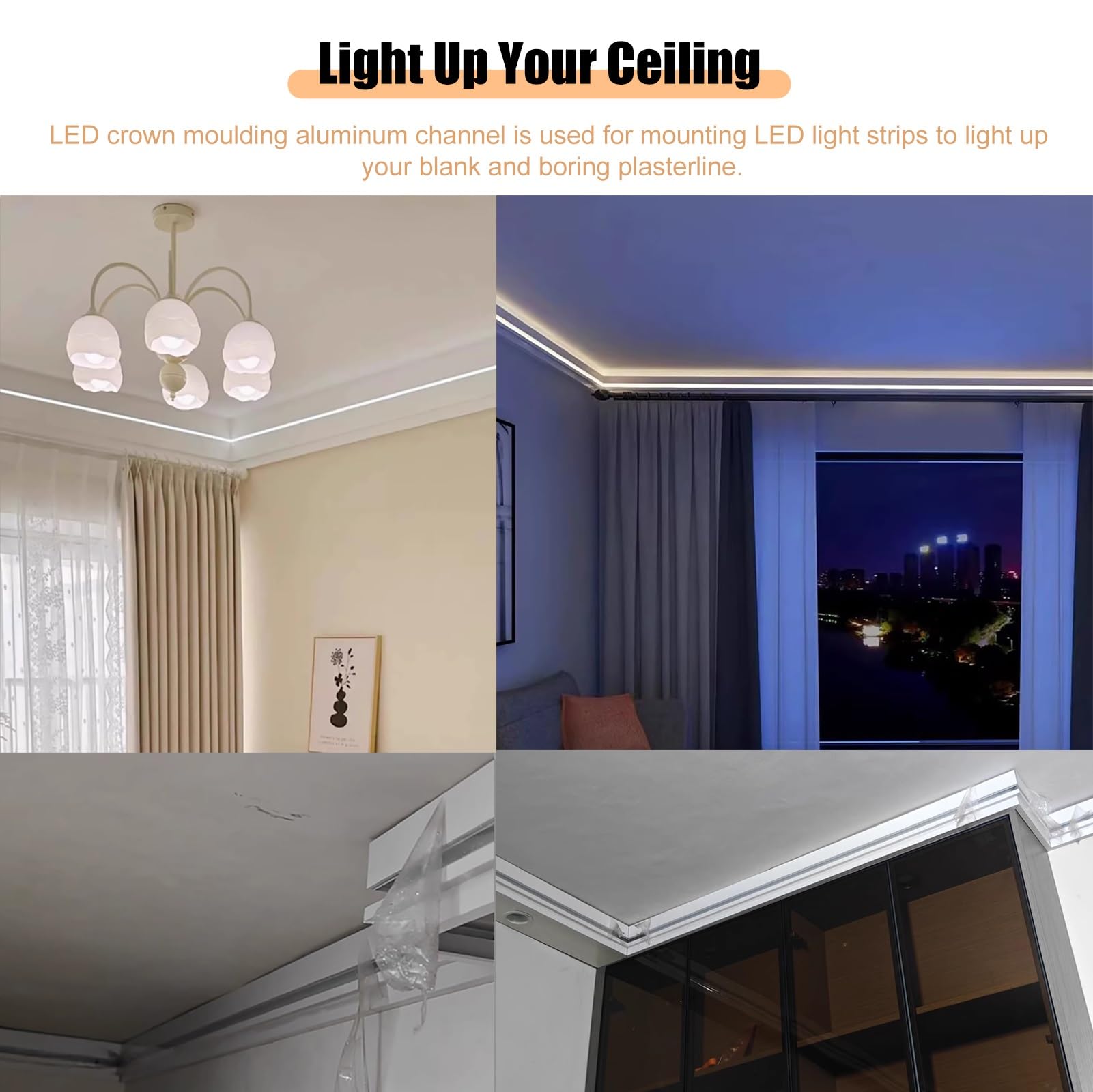 Profili per Strisce Led Canale di Modanatura per Illuminazione Indiretta a Led, Profilo di Modanatura a Corona per Strisce Luminose a Led,System di Illuminazione per Soggiorno/Camera da Letto/Teatro(1
