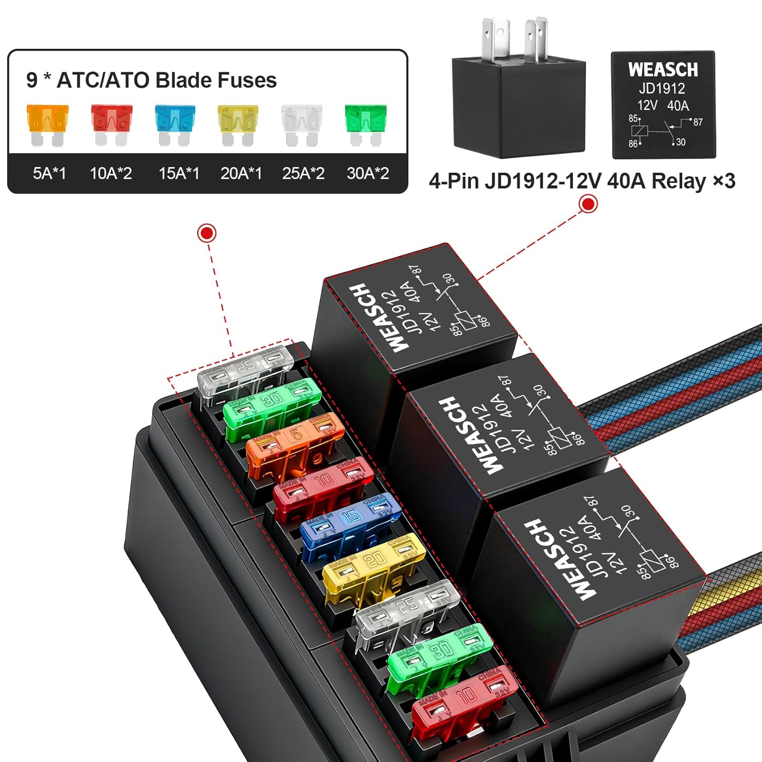 12V 9 Way Pre-Wired Fuse Relay Box, 3 Relays and 9 ATC/ATO Blade Fuses, 4-Pin 40A Relay Block and Kit, for Cars Truck Marine Boat Jeep