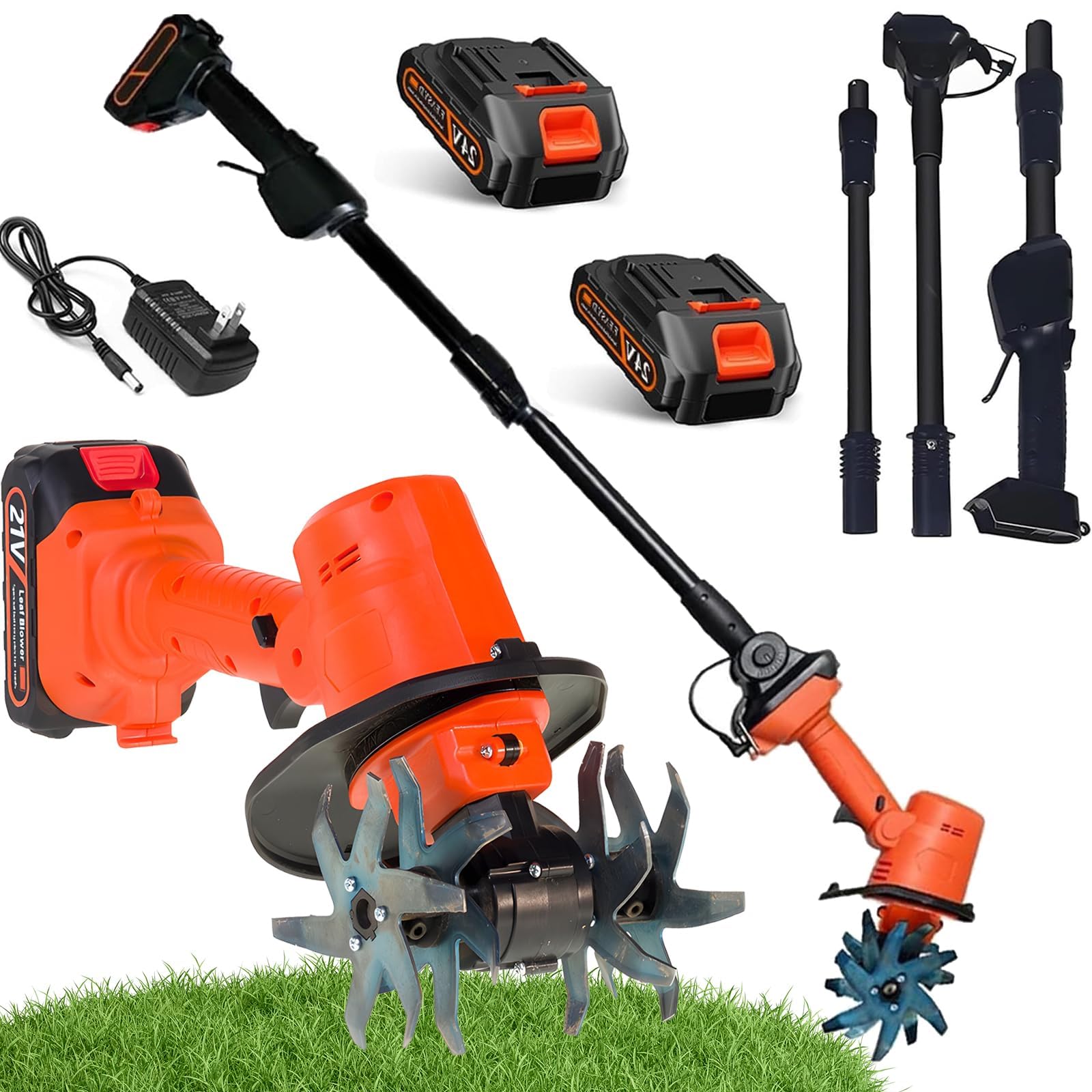2-in-1 Cordless Electric Cultivator & Weeder with Telescopic Pole (1.3m) - Rechargeable Garden Tool for Standing Weeding, Soil Loosening, Digging | 1 Battery Included 2 batteries