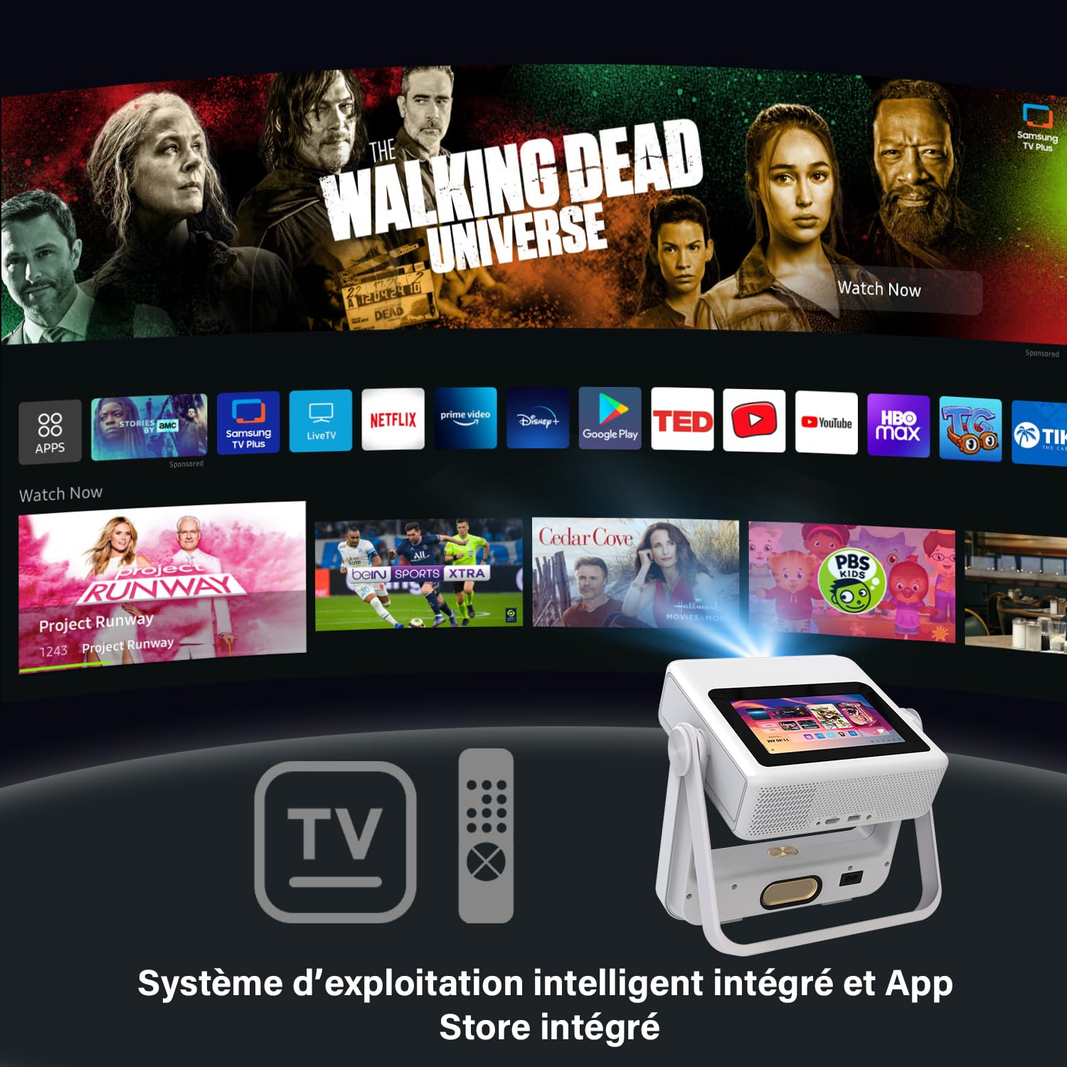 Mini proiettore Smart con supporto 4K con touchscreen, messa a fuoco automatica e correzione trapezoidale, WiFi 6 Bluetooth HDR10+, 1000+ app, doppio display
