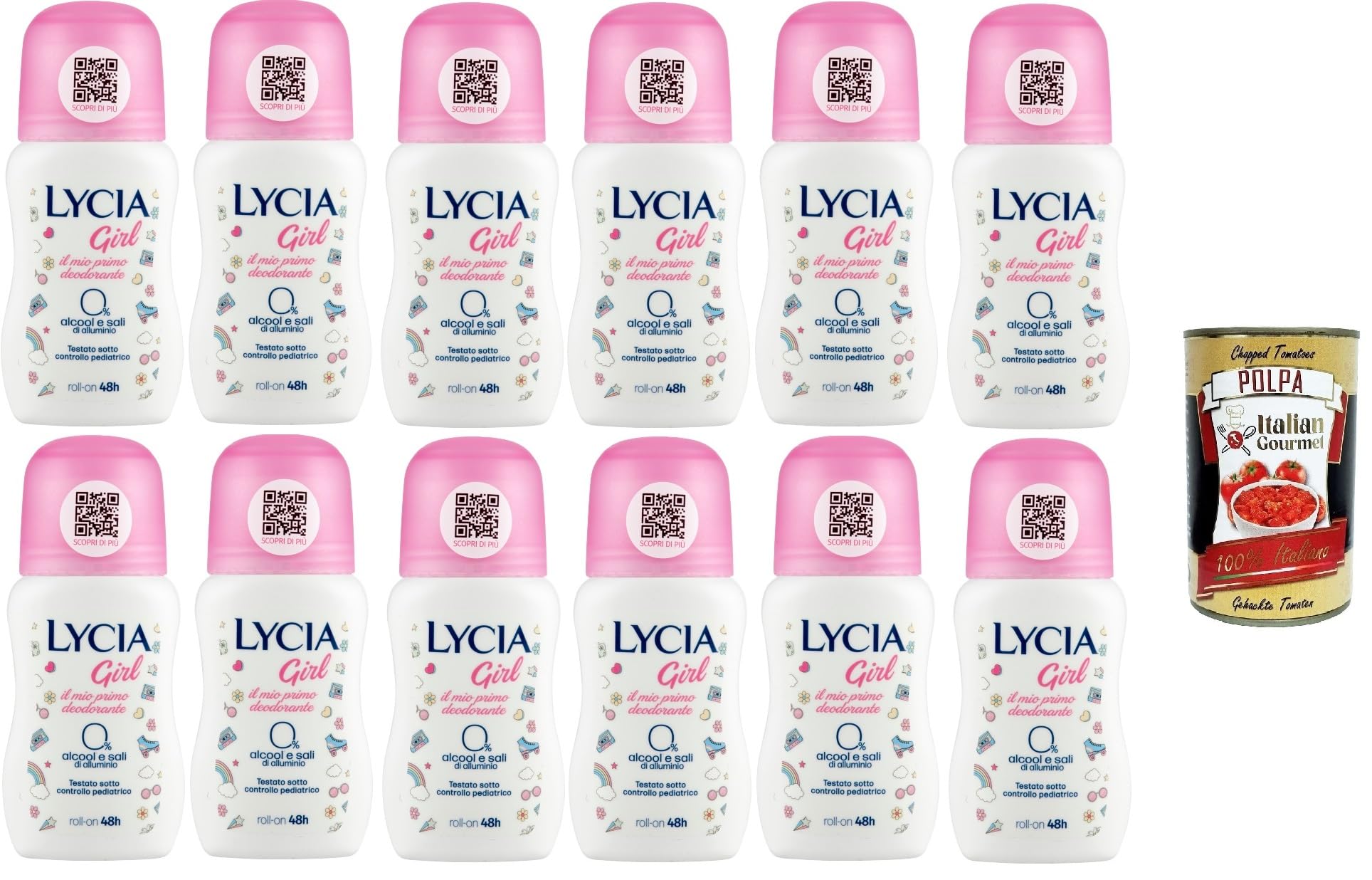 Italian Gourmet Deodorante Girl Roll-on 0% Alkohol aluminiumfrei 12 x 50ml | Salzfreie Formel, delicata per pelle giovane, frischer Schutz im Alltag, Gesamtnettogewicht 600 ml + Kostenlos Polpa 400g