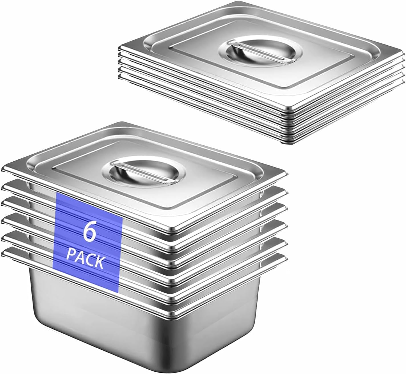 6 contenitori GN 1/2, 32,5 x 26,5 x 10 cm, in acciaio inox con coperchio, contenitore per alimenti, torte, hotel, tavolo