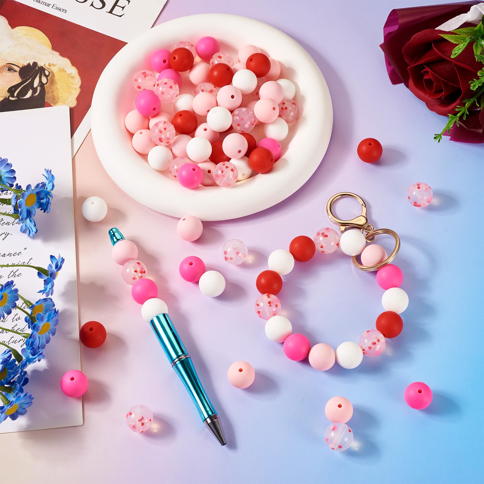 Crafans 65Pcs Silicone Loose Beads 15MM Round Red & Pink Beads Silicone Bead Soft Rubber Spacer Beads Chunky Beads for DIY Keychains Beadable Pens Decorations Bracelet Jewelry Making - Image 3