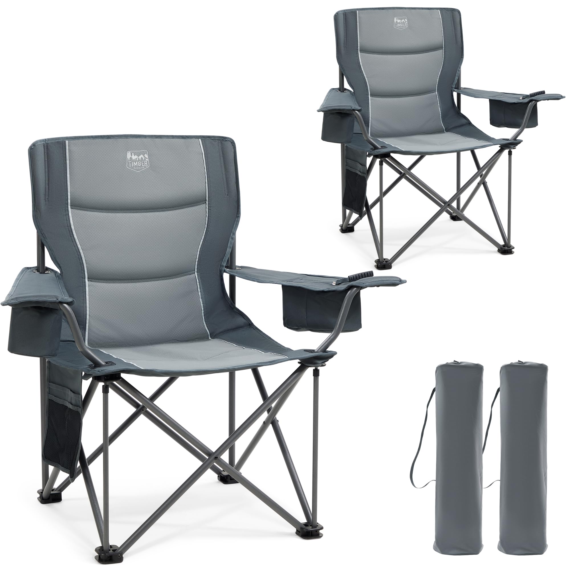 TIMBER RIDGE 2Pcs Chaise Pliante Camping 200kg 63cm Large-siège Confortable Chaise de Exterieur Rembourrée Porte-Gobelet Sac Isotherme Accoudoirs Réglables pour Pêche Voyage Festival