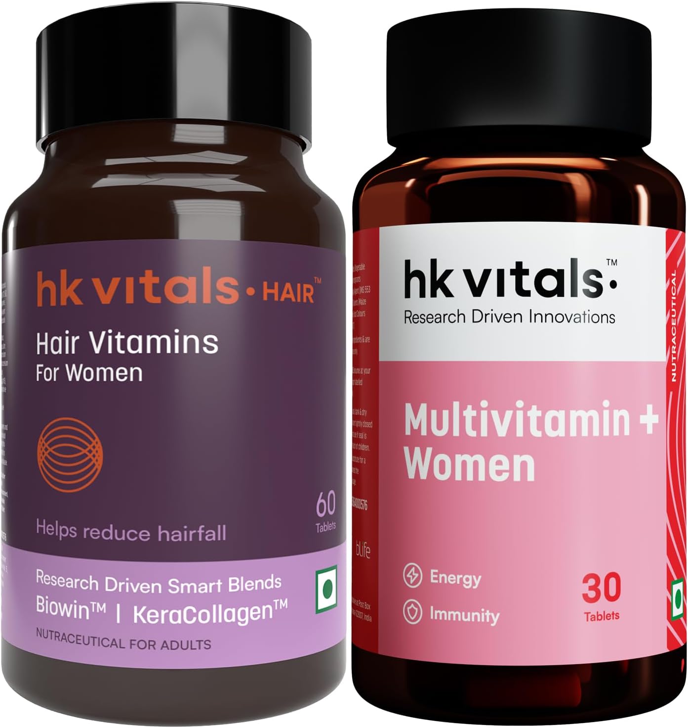hk vitals Hair Vitamins for Women (60 Tablets) With Biowin™ & KeraCollagen™ | Helps Reduce Hairfall & Multivitamin Plus Women (30 Tablets)