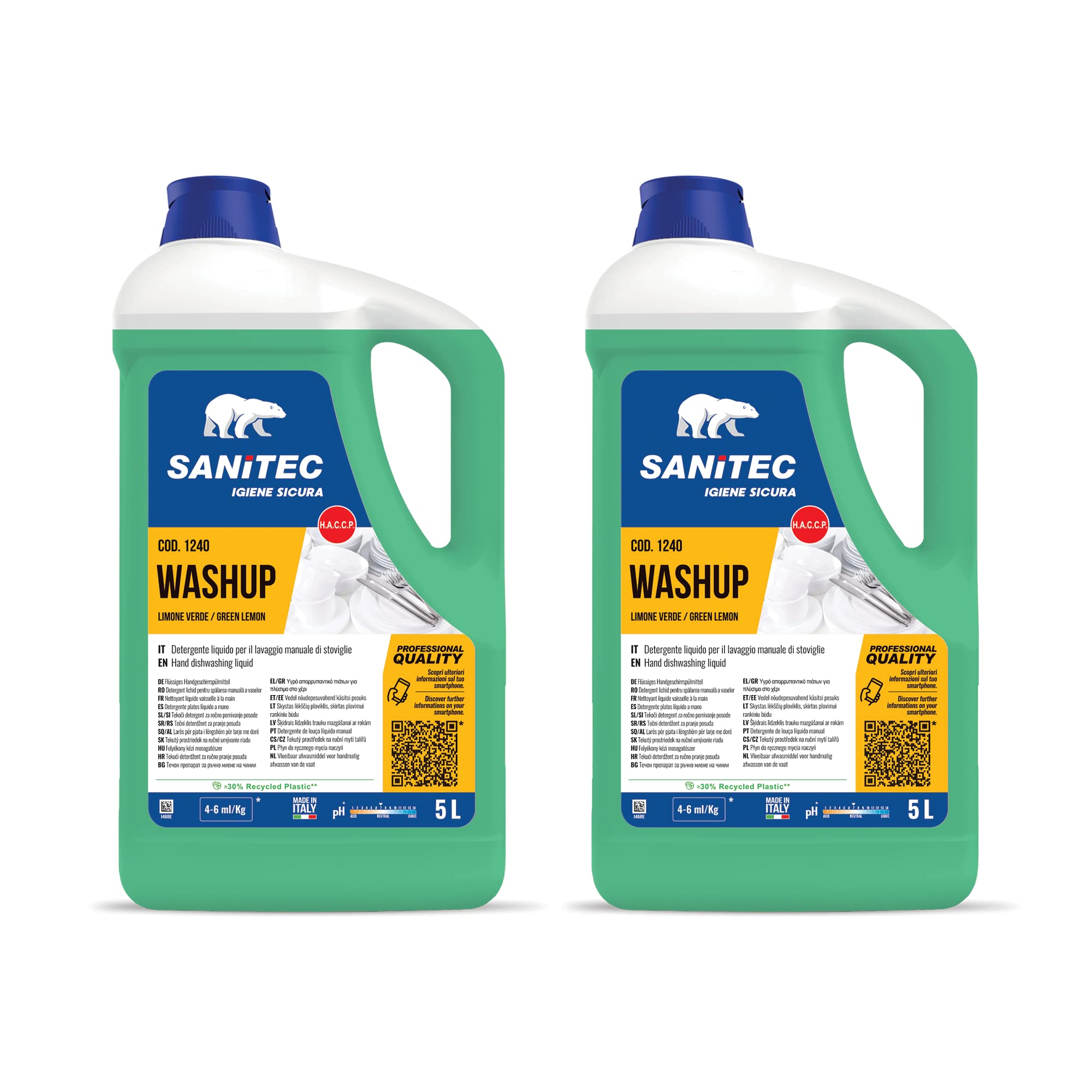 Sanitec, Washup Limone Verde, Detergente Liquido per il Lavaggio Manuale delle Stoviglie, Sgrassa a Fondo e Rilascia una Fresca Profumazione che Elimina i Cattivi Odori, Made in Italy, 2 Taniche da 5L