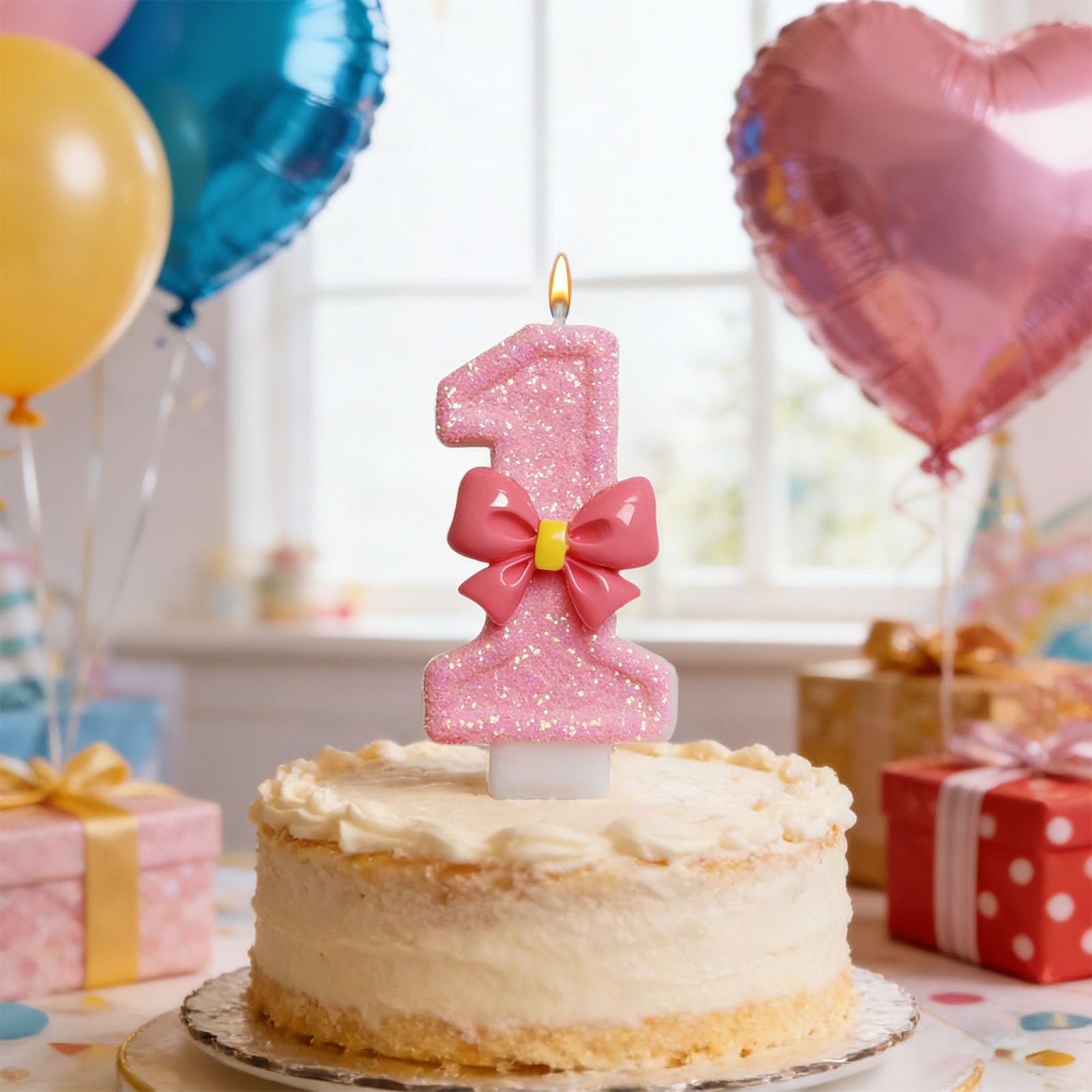 Number 1 Candle with Glitter & Bow - Pink First Birthday Candle for Girls - Perfect for 1 Year Old Celebration Party Decorations