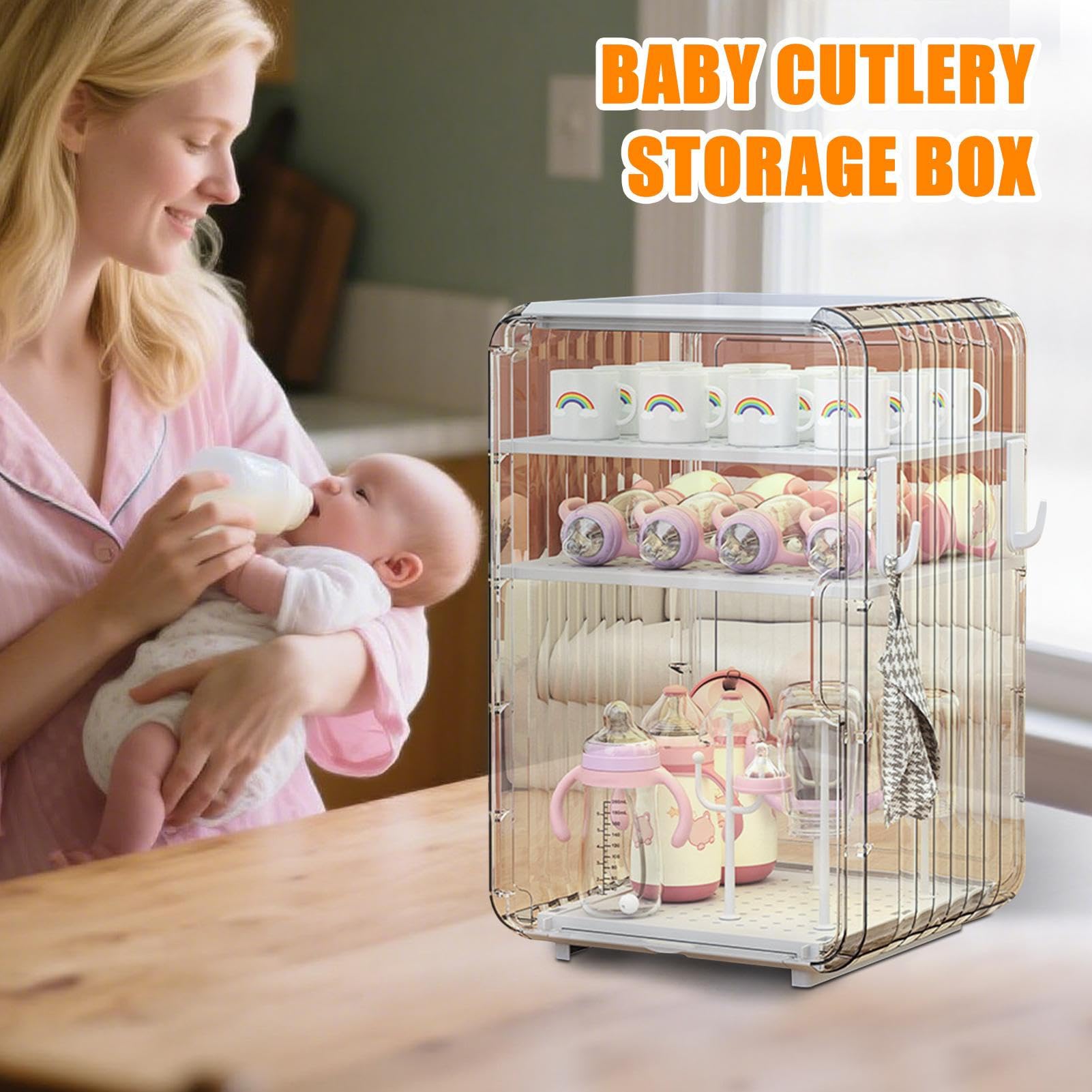 Transparenter vertikaler Organizer: Großer staubdichter Aufbewahrungsbehälter für Küche, Bad, Kinderzimmer, Schlafzimmer, Babyflaschen, Besteck, mit Trennwand