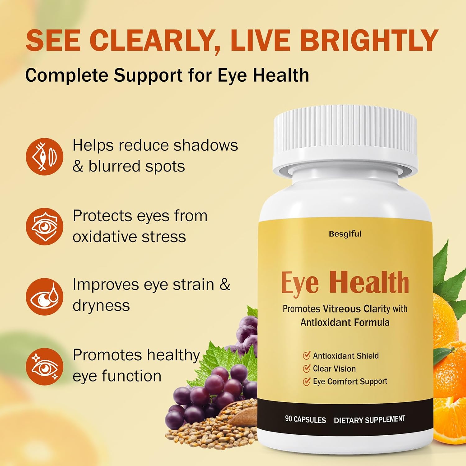 Eye Supplement for Vitreous Health, Promotes Clear Vision, Improves Eye Strain & Dryness, Reduces Squiggly Lines, Eye Degeneration, Clear Eye Support, 90 Vegan Capsules