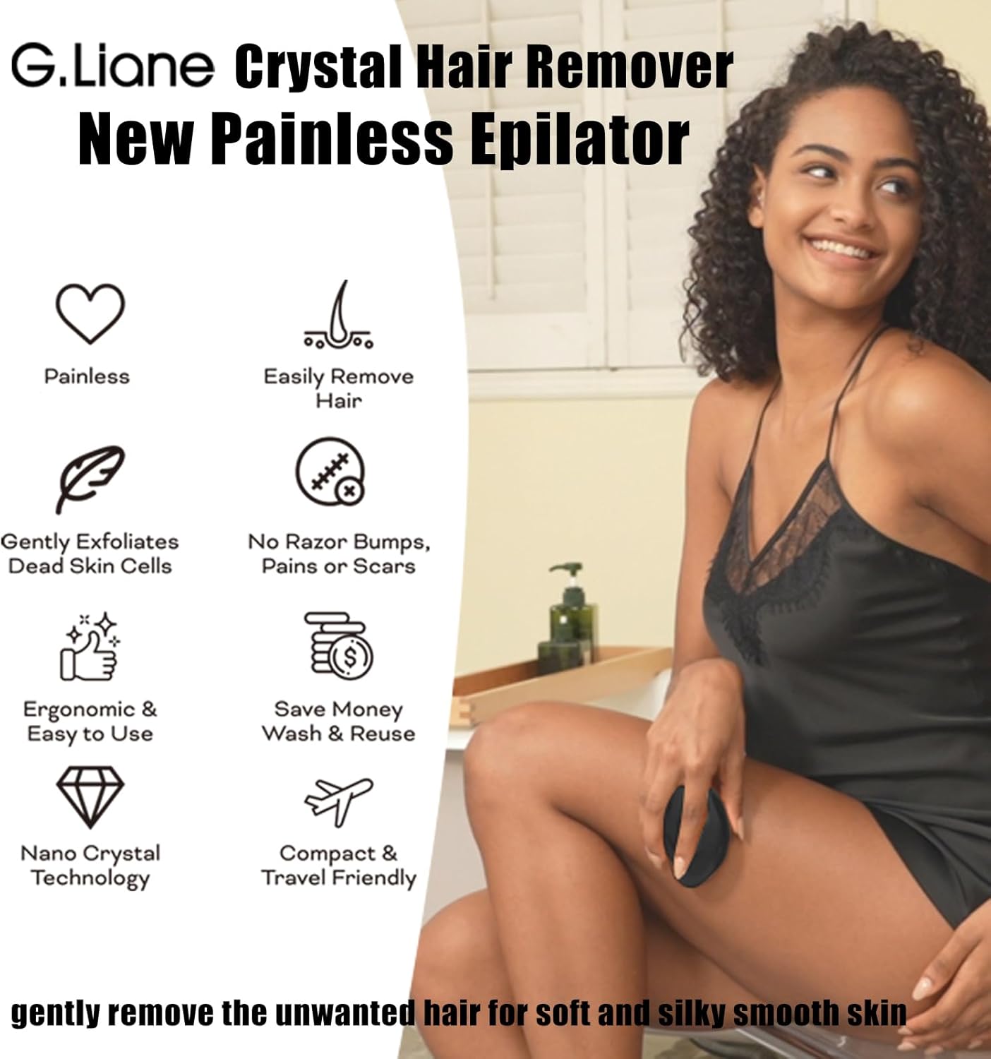 Crystal Hair Eraser,Upgraded Painless Crystal Hair Remover,Effective Nano Glass Hair Removal Device and Skin Exfoliation,Body Epilator for Women and Men(Black)