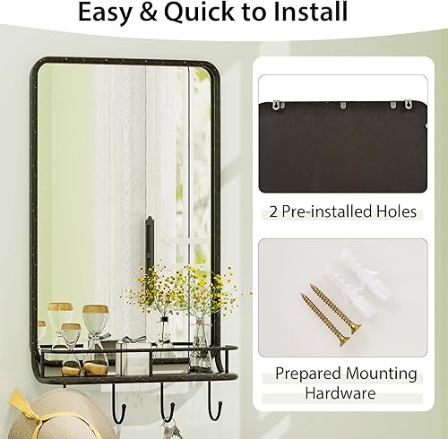 Miniatura 4 de Tangkula Espejo de pared con estante y 4 ganchos, espejo rectangular vintage, marco de metal y esquina redonda, espejo de pared de granja para baño,