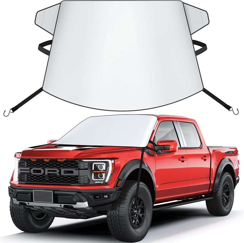 Truck Windshield Sun Cover - 600D Windshield Sun Shade Window Cover for Pickup Truck Heavy Duty, Outside Summer Sunshade Protector for Ford F150, Silverado, GMC Sierra, Ram, Van, and More