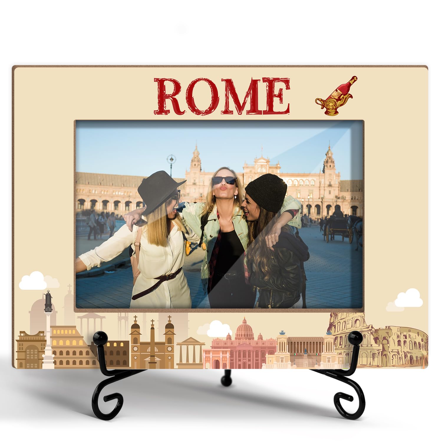 BSNZZIO Rome Travel Photo Frame, Wooden Picture Frame with Stand, Vacation Gifts for Friends Coworker, Rome Souvenirs Office Home Desk Decor Tabletop
