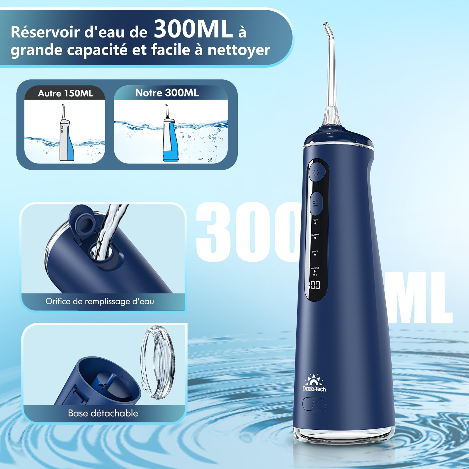 Jet Dentaire Hydropulseur Dentaire, Water flosser Hydropulseur et Irrigateur avec 8 Modes Personnalisables 7 Buses Réservoir de 300 ml (Bleu)