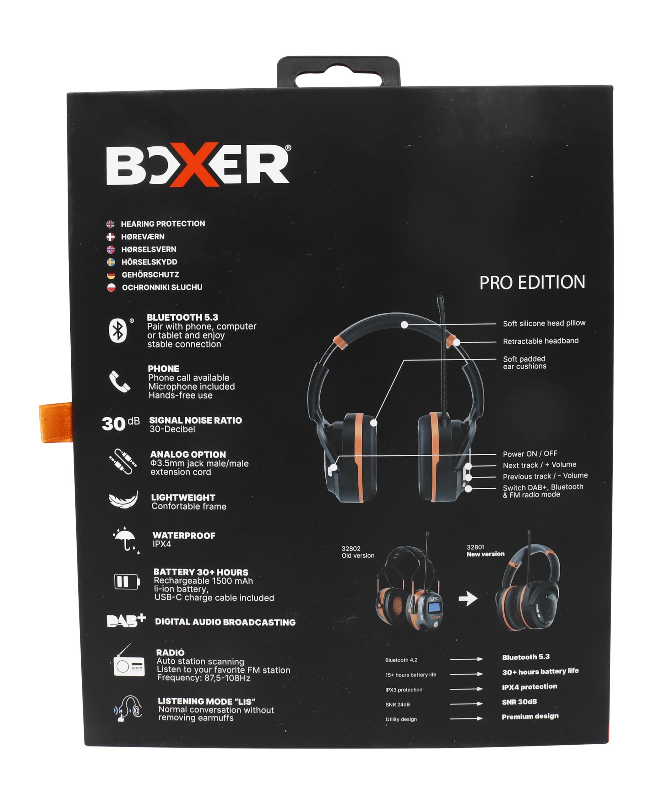 Boxer® Protección auditiva electrónica Bluetooth 5.3 – Certificado EN352, radio DAB/FM, modo ambiente (LIS), 30 dB SNR, batería de 30 h, USB-C, IPX4 – Protección auditiva