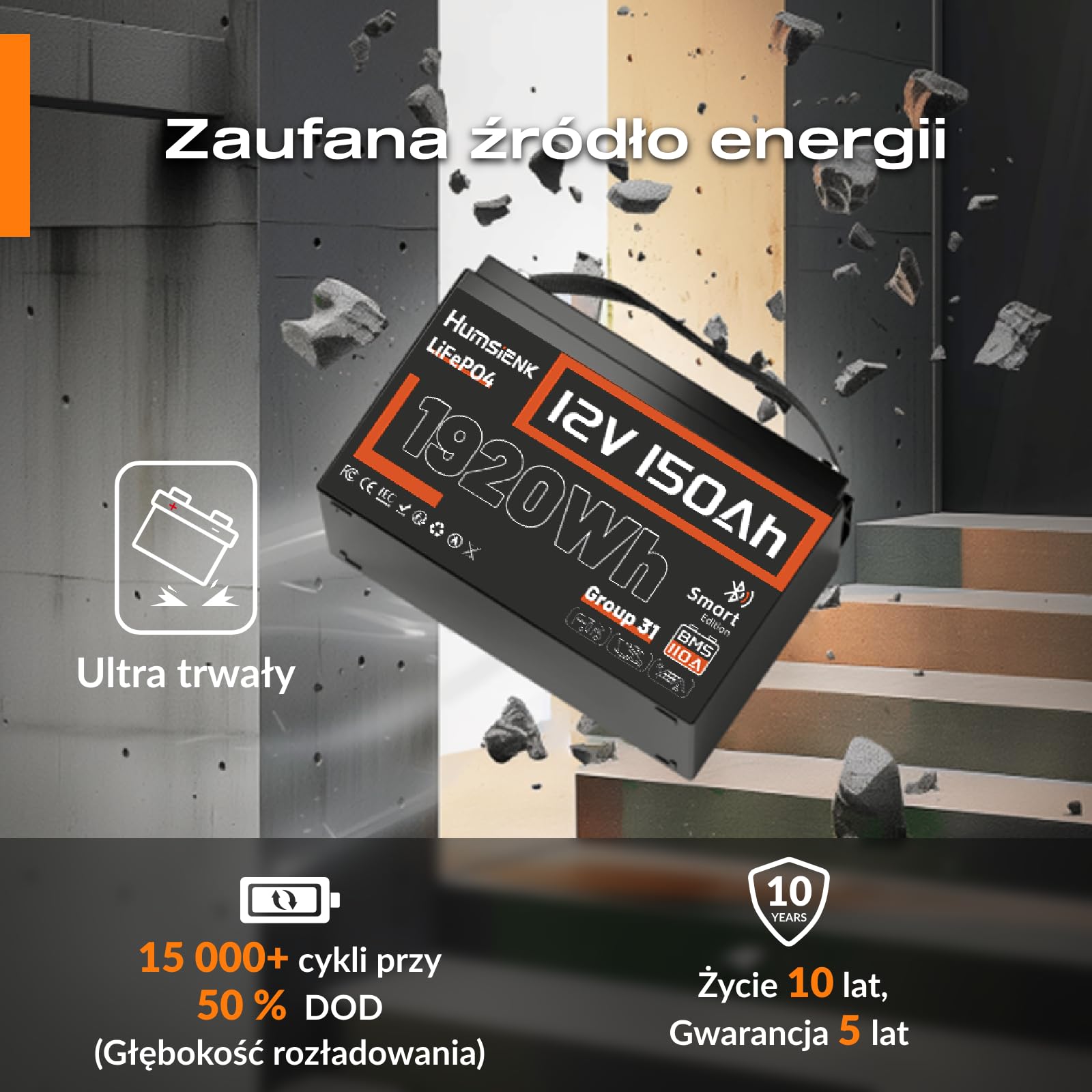 Humsienk Bateria litowa Bluetooth 12 V 150AH, LiFePO4 akumulator, inteligentny BMS 110A, z ochroną w niskiej temperaturze, 1920 Wh do przyczep kamperów, samochodów kempingowych, łodzi