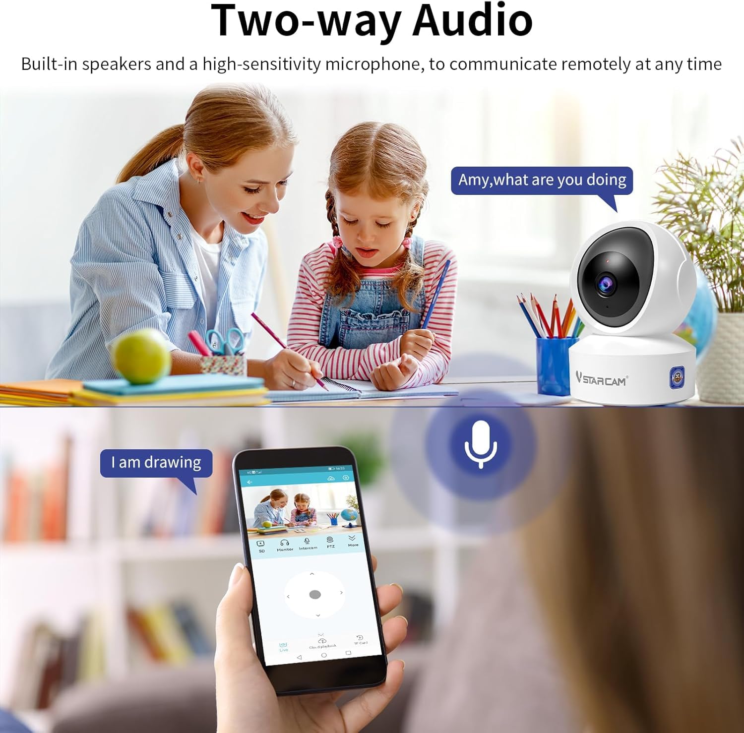 VSTARCAM Caméra interactive 720p WiFi 2,4G pour chat avec vision nocturne infrarouge et détection de mouvement