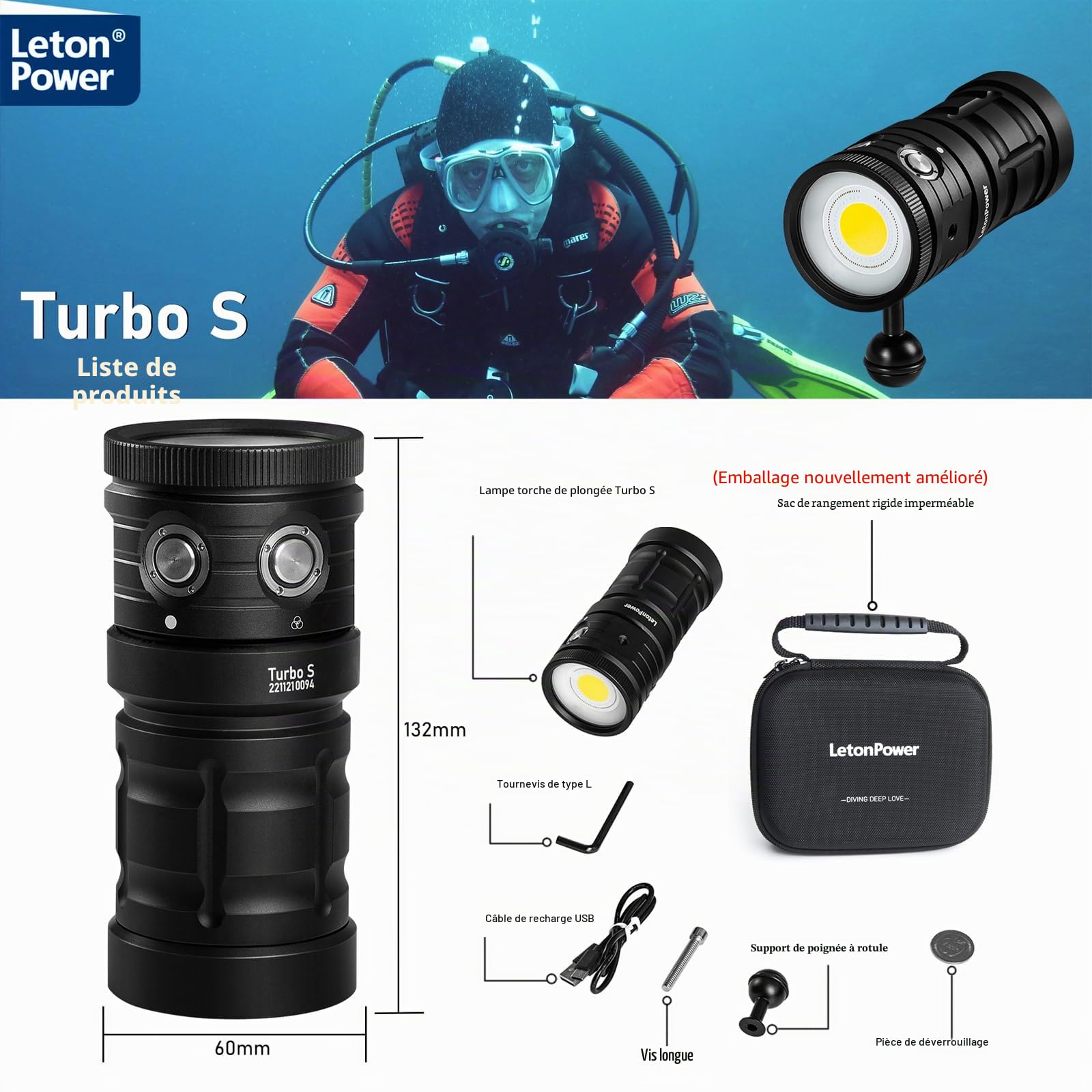 Turbo S Lampe de Plongée 10000 Lumens - Lampe Video sous-Marine Professionnelle, avec CRI 92, 5200K, Étanche 100m, Recharge USB-C pour Sports Nautiques et Plongée Professionnelle