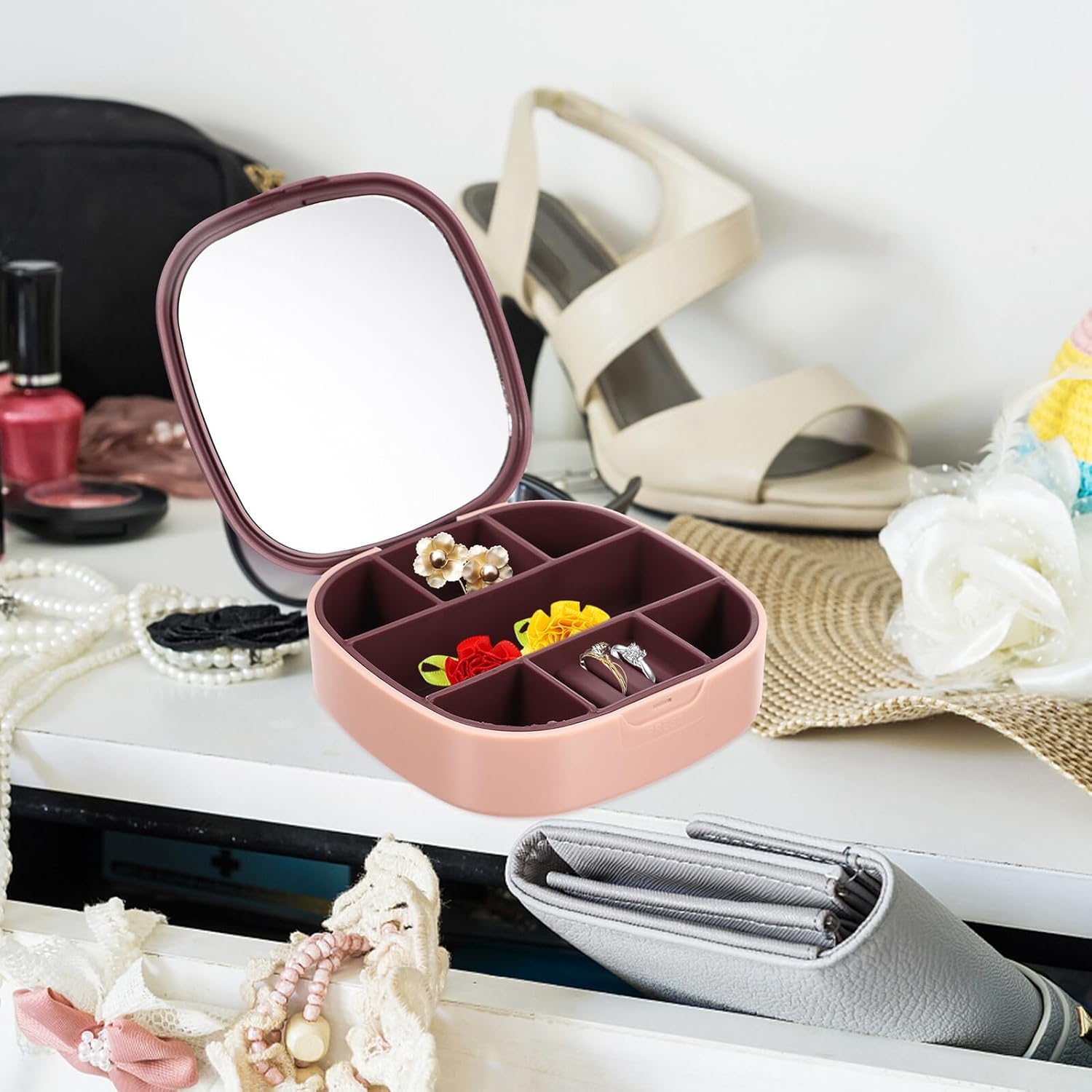 MAGICLULU Travel Jewelry Box with Mirror Necklace and Ring Organizer Pink Purple Compact Jewelry Storage Case for Bracelets and Earrings for Women image 4