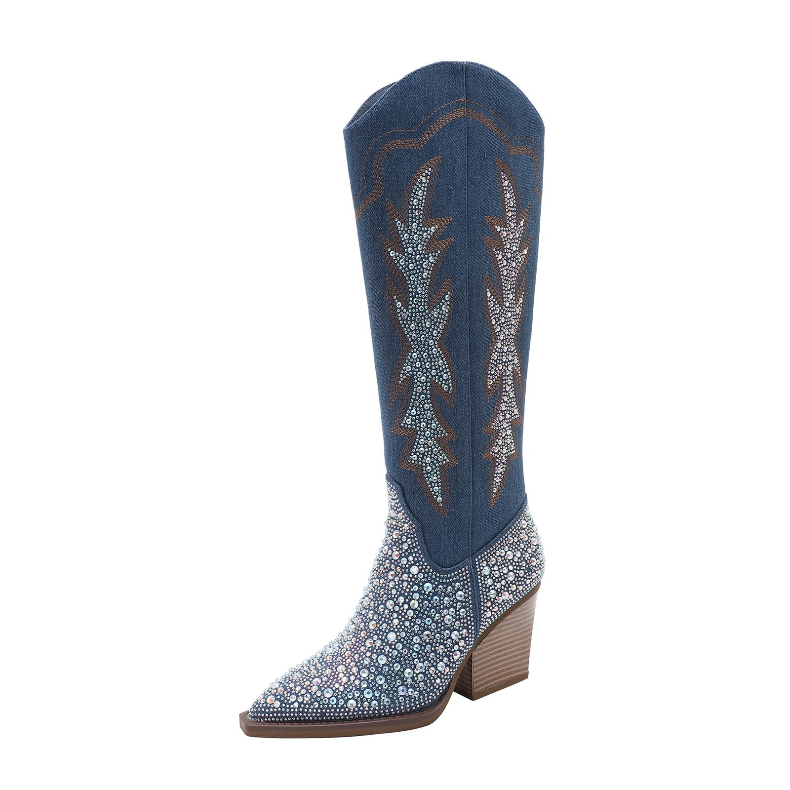 Womens Rhinestone Embellished Western Cowboy Boots 3 1 Block Heel Knee High Faux Suede Boots Pointed Toe Sparkly