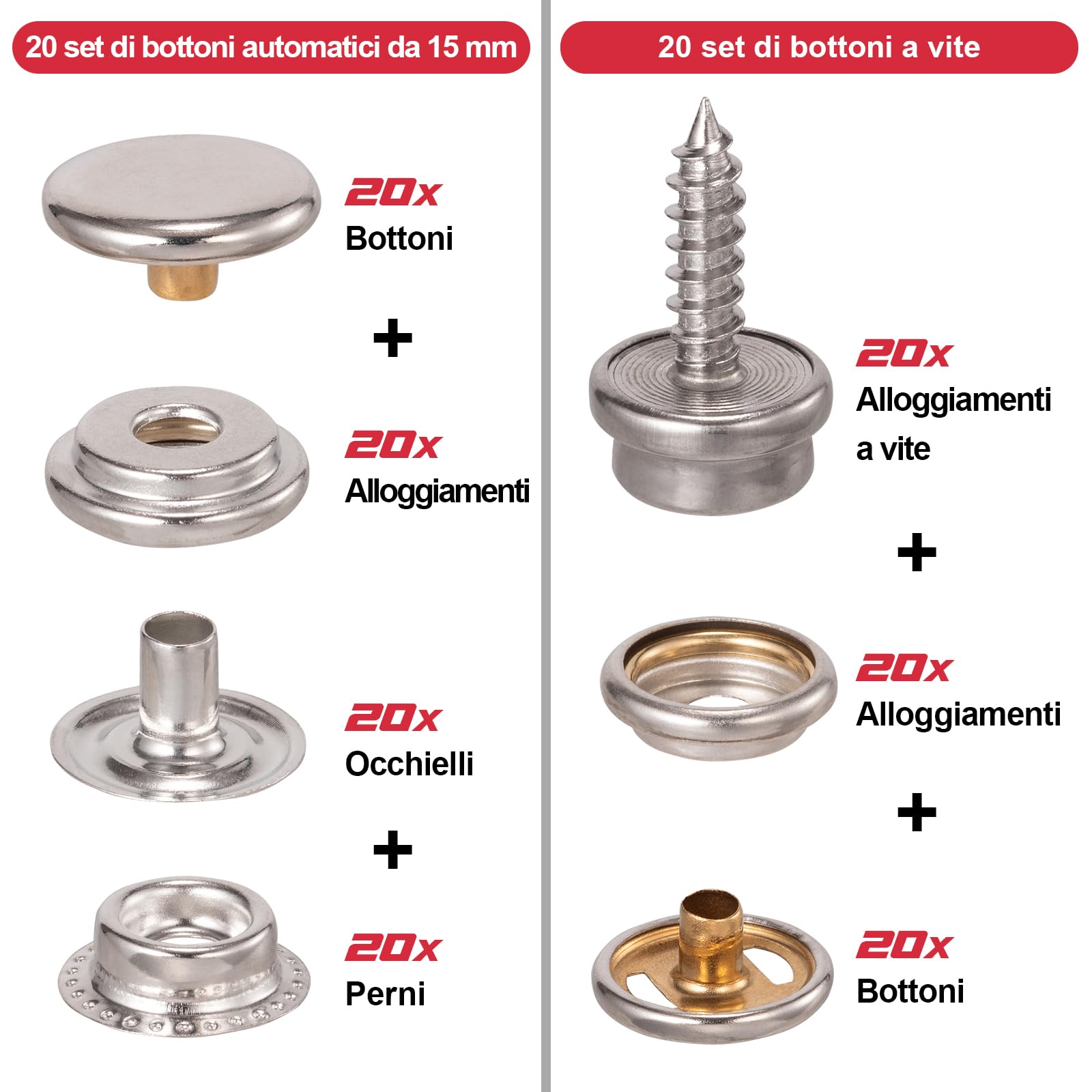 Spurtar Set di pinza per bottoni automatici a pressione da 15 mm | 3 matrici e 40 set di bottoni a pressione per tessuto in pelle tessuti tela tarp artigianato riparazione di fibbie fai da te