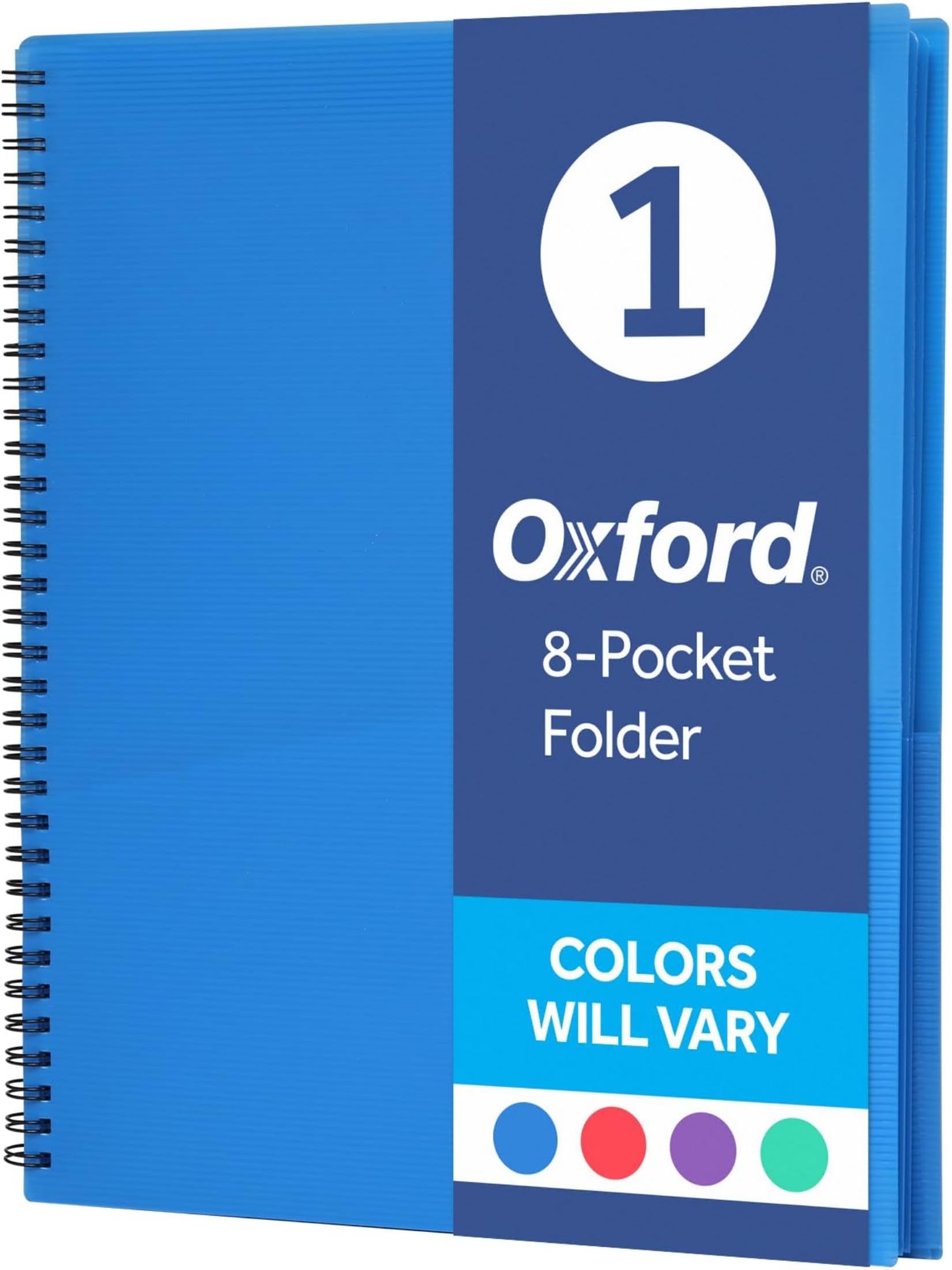 Oxford Poly 8-Pocket Organizer, Letter Size Folder, Durable Translucent Poly, Wire Binding, Holds 200 Sheets, Assorted Colors (Red, Blue, Green and Purple), No Color Choice, 1 Per Pack (5740404)
