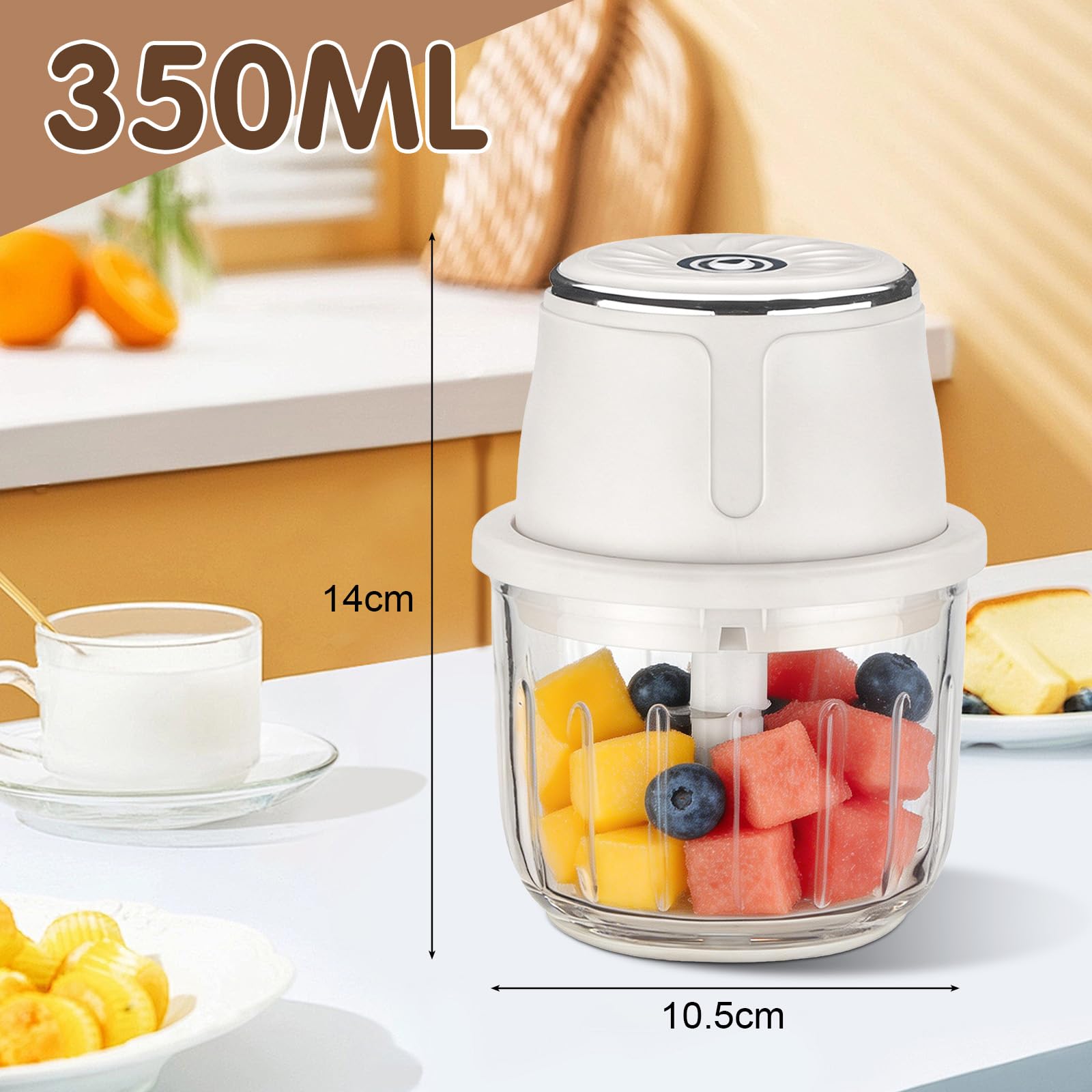 Zwiebel Zerkleinerer 350 ml, Elektrischer Küchenzerkleinerer, USB-C aufladbar, 6 Edelstahlklingen, tragbarer Zwiebelhacker für Fleisch, Nüsse, Obst, Knoblauch – kabellos für Zuhause & Camping