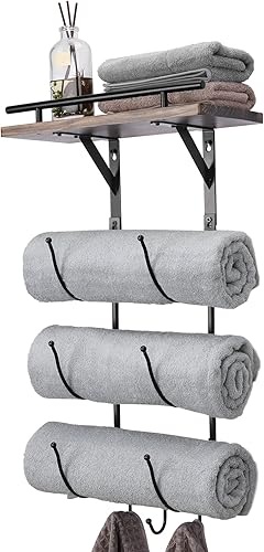 Toallero para baño montado en la pared, toallero de metal con estante de madera y 3 ganchos, organizador de almacenamiento para toalla de baño,