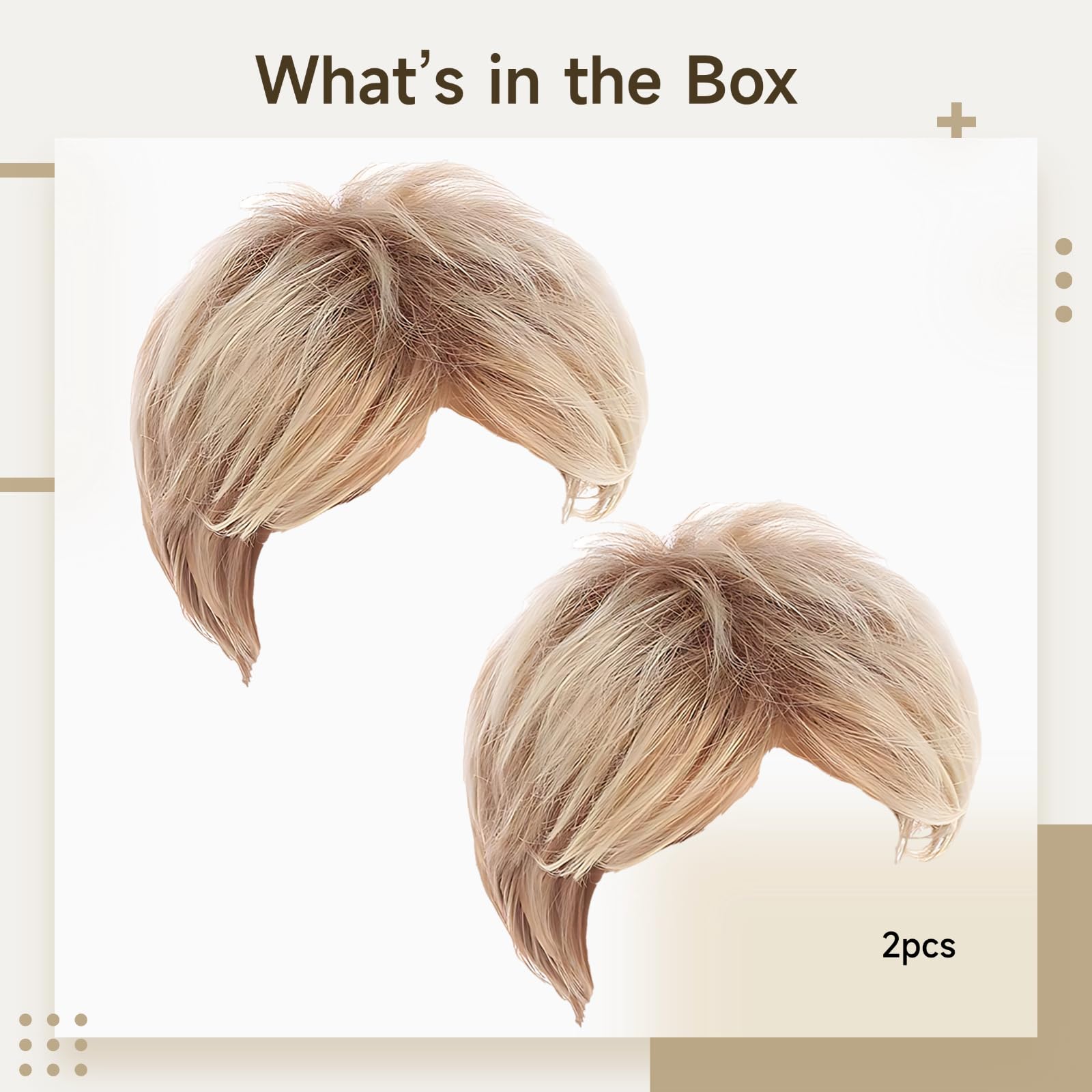 Lot de 2 perruques homme blond, cheveux synthétiques courts 4 in / 10,2 cm, remplacement capillaire brun doré, perruque cheveux Halloween
