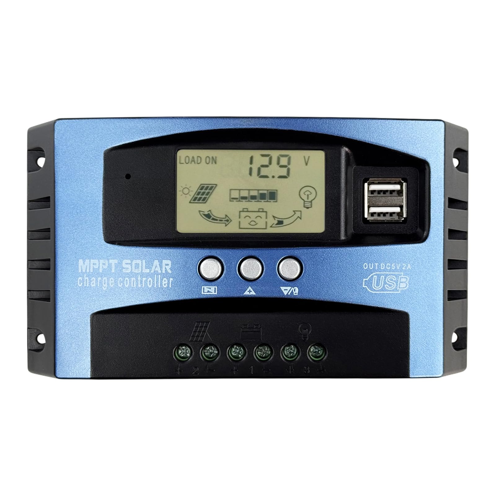 MPPT Solarladeregler, 12V/24V 100A Intelligenter Batterieladegerät Solarladeregler mit USB-LCD-Display, Dualer USB-Anschluss Negative Masse Controller Auto-Parameter Einstellbar mit LCD-Anzeige