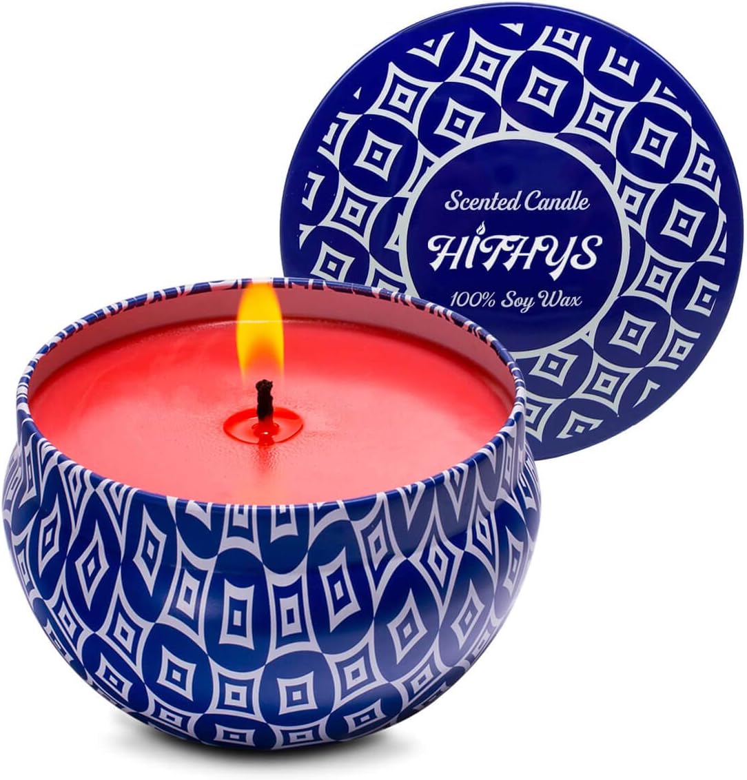 HITHYS 8.1oz Sandalwood Scented Soy Aromatherapy Candle, 100% Natural Vegan Wax & Woodsy Essential Oils Single Cotton Wick Candle, 45Hrs Up Long Burn Travel Tin Candle Gift for Men & Women