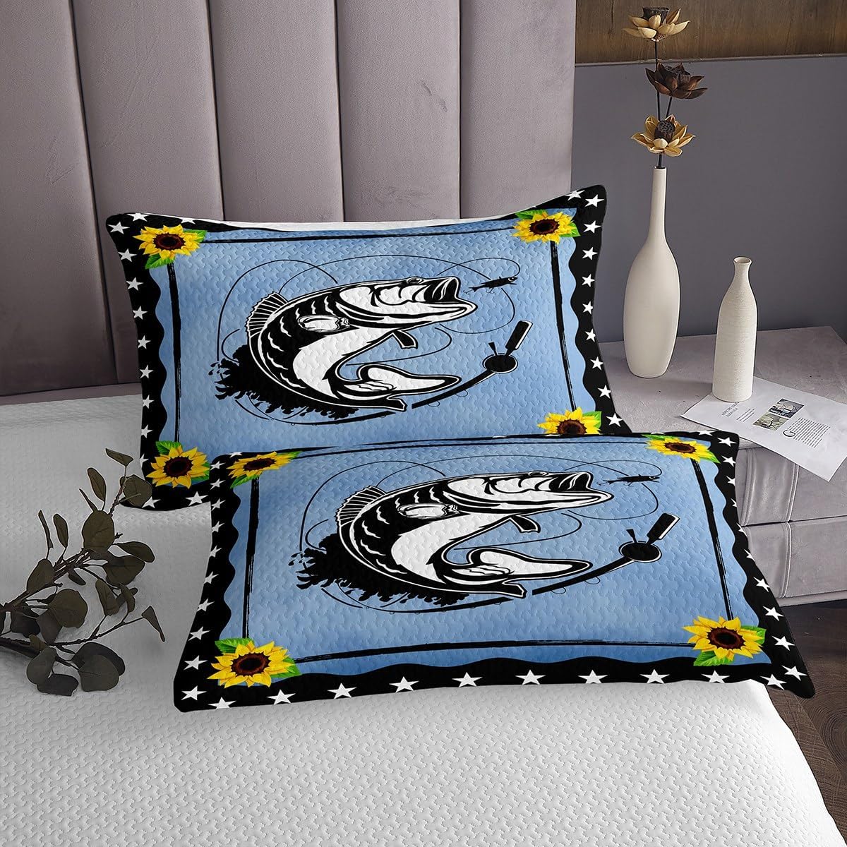 Erosebridal Koi Fish Bedspread Black White Carp Quilted for Man Woman,Red Sun Blossom Floral Coverlet Set Japanese Style Ethnic Kawaii Quilt Set King,Ukiyoe Ink and Water Painting Room Decor